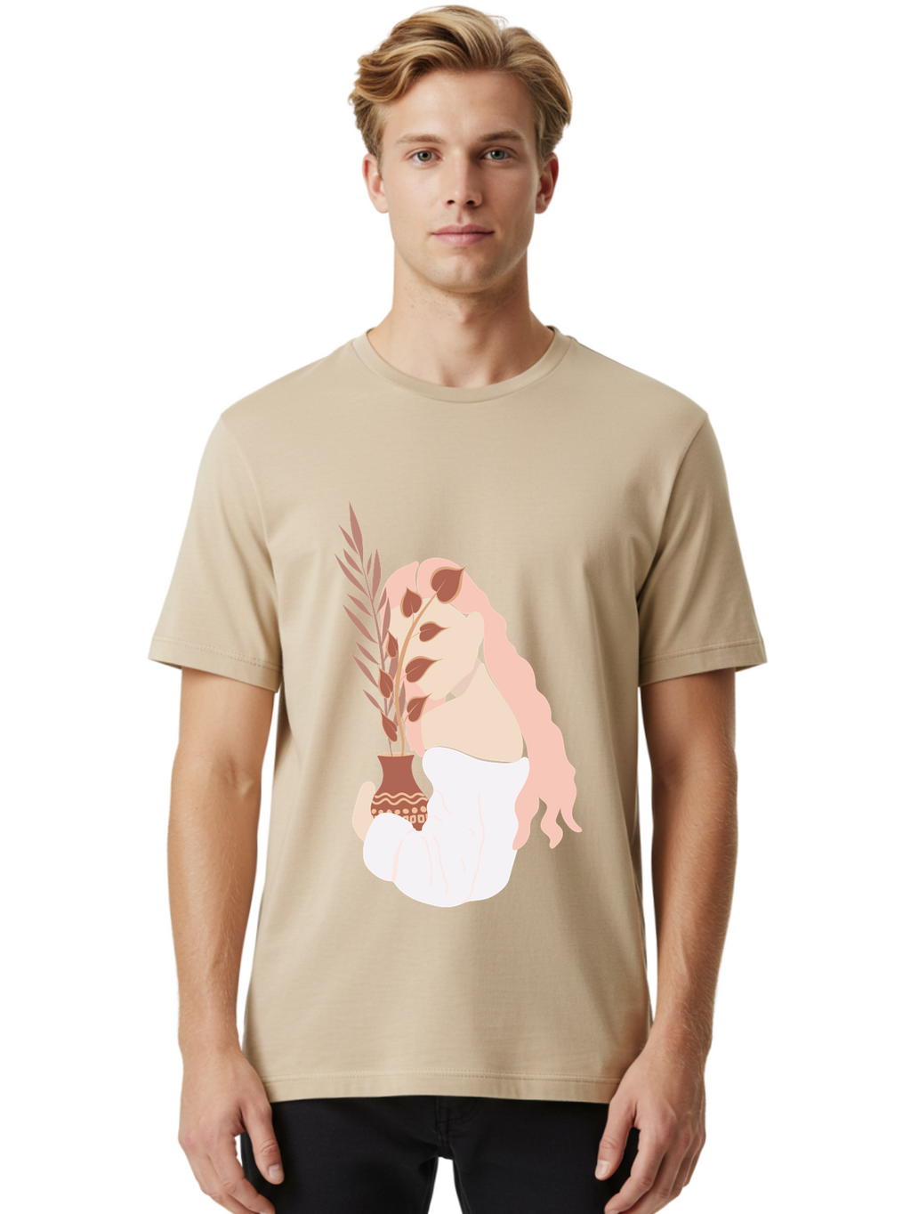 Lady-With-Pot Men'S Graphic Tee, 100% Cotton, Comfortable Casual Summer Wear, Machine Washable, Woman Holding A Plant, Brown Leaves, Decorative Vase, Wavy Hair, Elegant Pose, Minimalist Art, Simple Shapes, Soft Colors, Peaceful Ambiance, Aae026