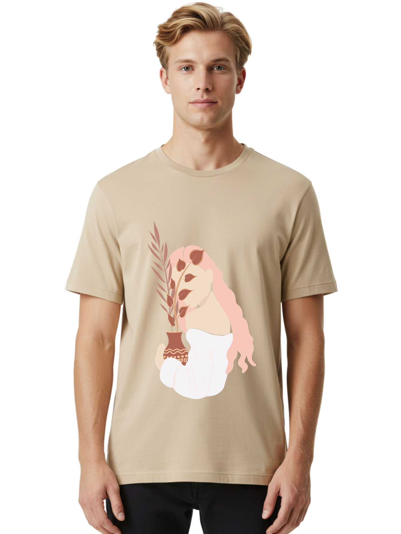 Lady-With-Pot Men'S Graphic Tee, 100% Cotton, Comfortable Casual Summer Wear, Machine Washable, Woman Holding A Plant, Brown Leaves, Decorative Vase, Wavy Hair, Elegant Pose, Minimalist Art, Simple Shapes, Soft Colors, Peaceful Ambiance, Aae026