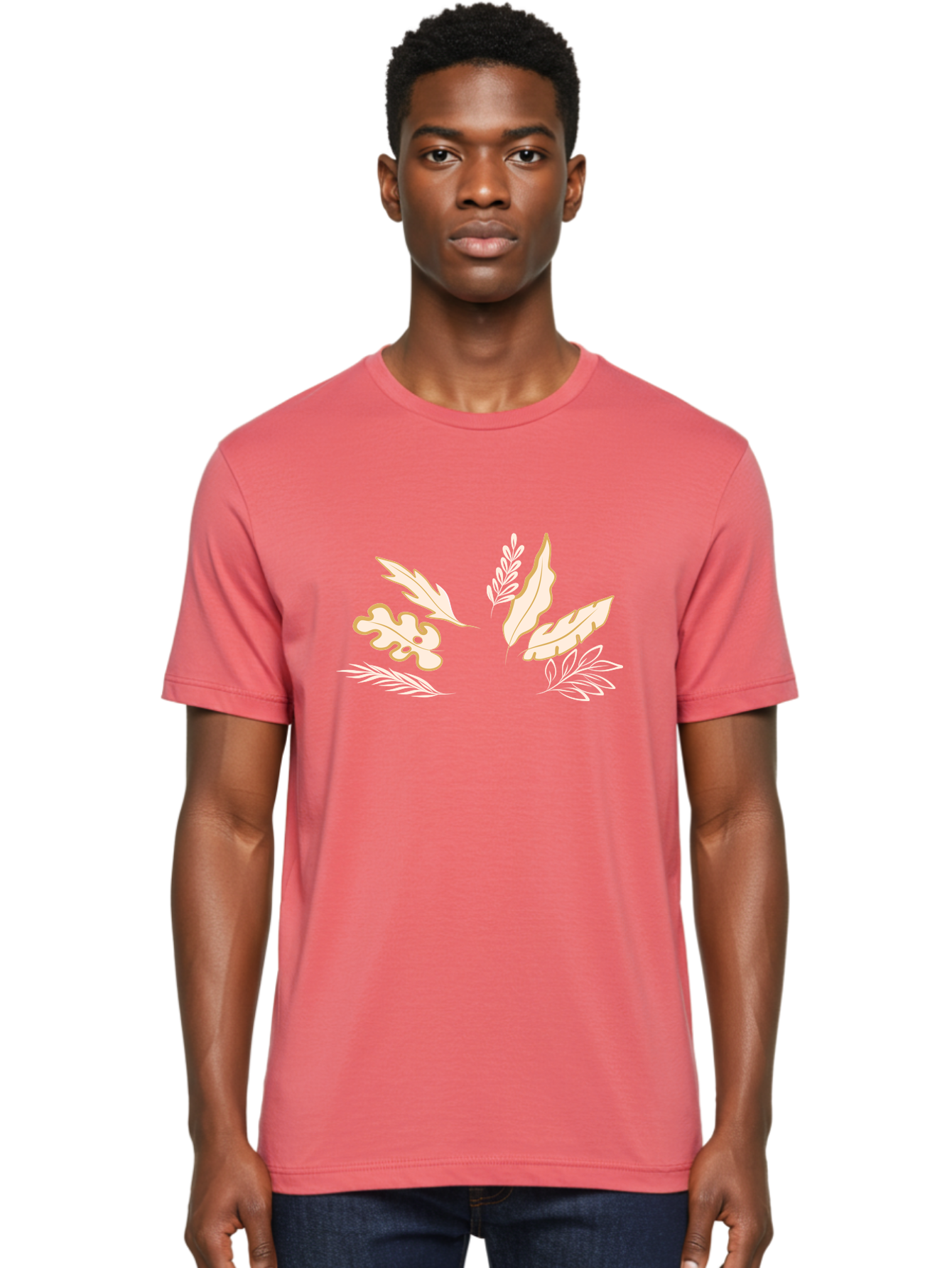 Leaves Men'S Graphic Tee, 100% Cotton, Comfortable Casual Summer Wear, Machine Washable, Illustrated Leaves, Leaf Designs, Foliage Art, Natural Elements, Botanical Graphics, Cream And White Leaves Aae027