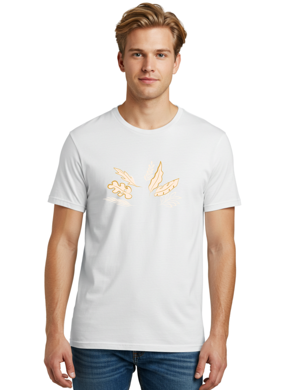 Leaves Men'S Graphic Tee, 100% Cotton, Comfortable Casual Summer Wear, Machine Washable, Illustrated Leaves, Leaf Designs, Foliage Art, Natural Elements, Botanical Graphics, Cream And White Leaves Aae027