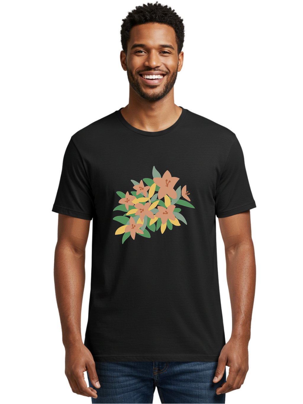 Lilies Men'S Graphic Tee, 100% Cotton, Comfortable Casual Summer Wear, Machine Washable, Lilies, Flowers, Floral Arrangement, Peach-Colored Blooms, Green Leaves, Yellow Petals, Simple Illustration, Stylized Artwork, Digital Art, Aae029