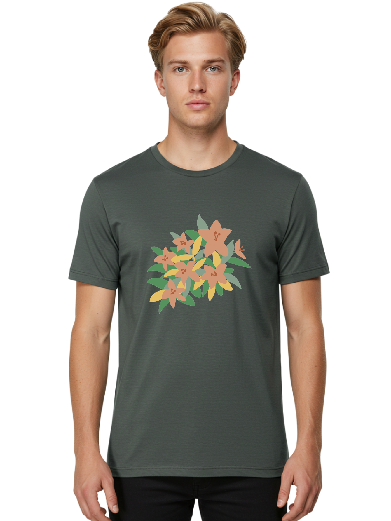 Lilies Men'S Graphic Tee, 100% Cotton, Comfortable Casual Summer Wear, Machine Washable, Lilies, Flowers, Floral Arrangement, Peach-Colored Blooms, Green Leaves, Yellow Petals, Simple Illustration, Stylized Artwork, Digital Art, Aae029