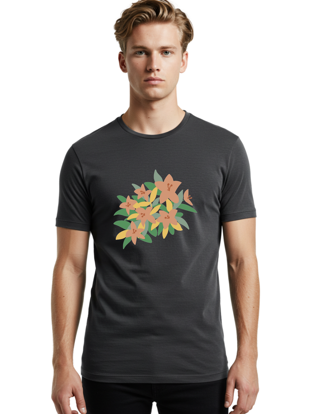 Lilies Men'S Graphic Tee, 100% Cotton, Comfortable Casual Summer Wear, Machine Washable, Lilies, Flowers, Floral Arrangement, Peach-Colored Blooms, Green Leaves, Yellow Petals, Simple Illustration, Stylized Artwork, Digital Art, Aae029