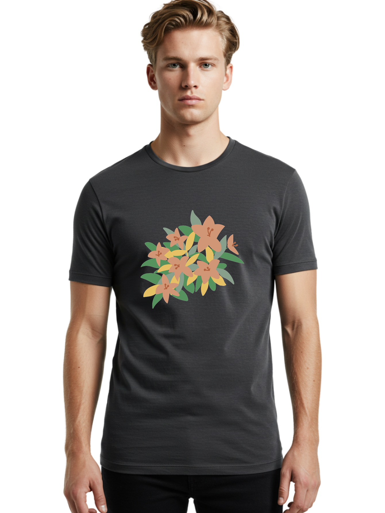 Lilies Men'S Graphic Tee, 100% Cotton, Comfortable Casual Summer Wear, Machine Washable, Lilies, Flowers, Floral Arrangement, Peach-Colored Blooms, Green Leaves, Yellow Petals, Simple Illustration, Stylized Artwork, Digital Art, Aae029