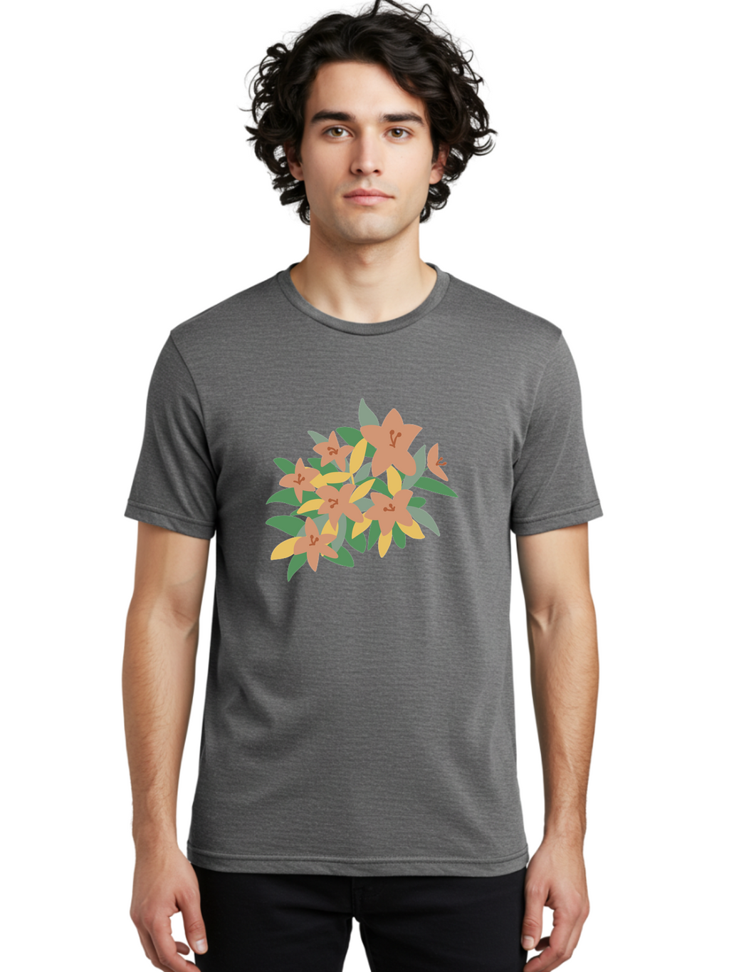 Lilies Men'S Graphic Tee, 100% Cotton, Comfortable Casual Summer Wear, Machine Washable, Lilies, Flowers, Floral Arrangement, Peach-Colored Blooms, Green Leaves, Yellow Petals, Simple Illustration, Stylized Artwork, Digital Art, Aae029