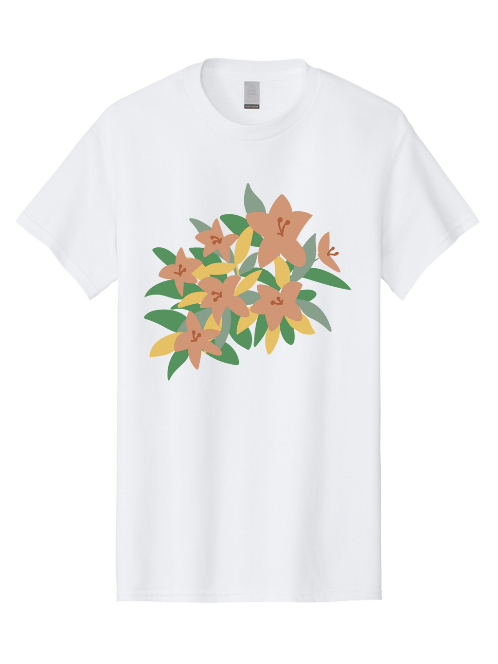 Lilies Men'S Graphic Tee, 100% Cotton, Comfortable Casual Summer Wear, Machine Washable, Lilies, Flowers, Floral Arrangement, Peach-Colored Blooms, Green Leaves, Yellow Petals, Simple Illustration, Stylized Artwork, Digital Art, Aae029