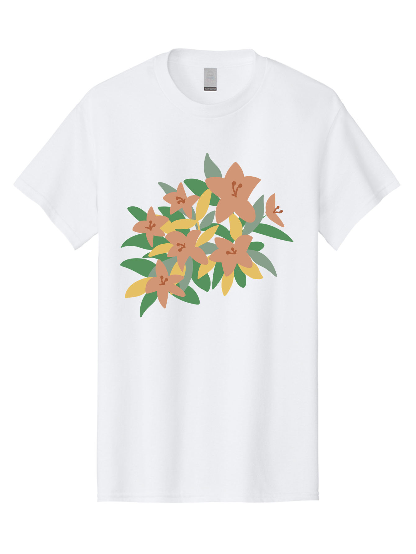 Lilies Men'S Graphic Tee, 100% Cotton, Comfortable Casual Summer Wear, Machine Washable, Lilies, Flowers, Floral Arrangement, Peach-Colored Blooms, Green Leaves, Yellow Petals, Simple Illustration, Stylized Artwork, Digital Art, Aae029