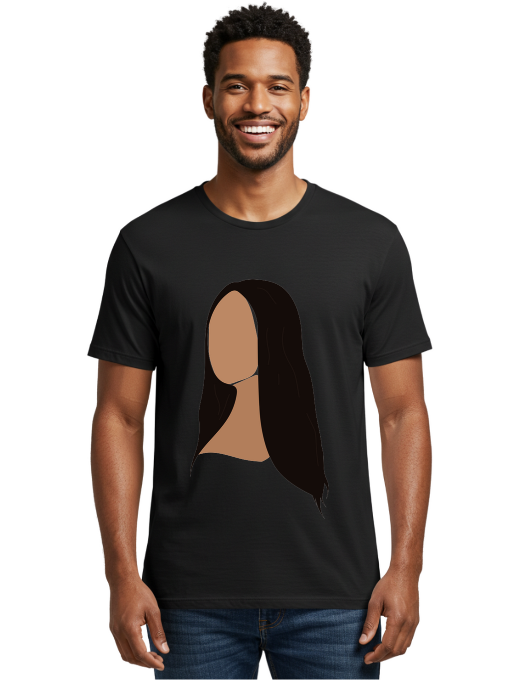 Long-Black-Hair Men'S Graphic Tee, 100% Cotton, Comfortable Casual Summer Wear, Machine Washable, Long Black Hair, Brunette, Female Silhouette, Faceless Portrait, Minimalist Art, Digital Illustration, Sleek Hairstyle, Straight Hair, Aae030