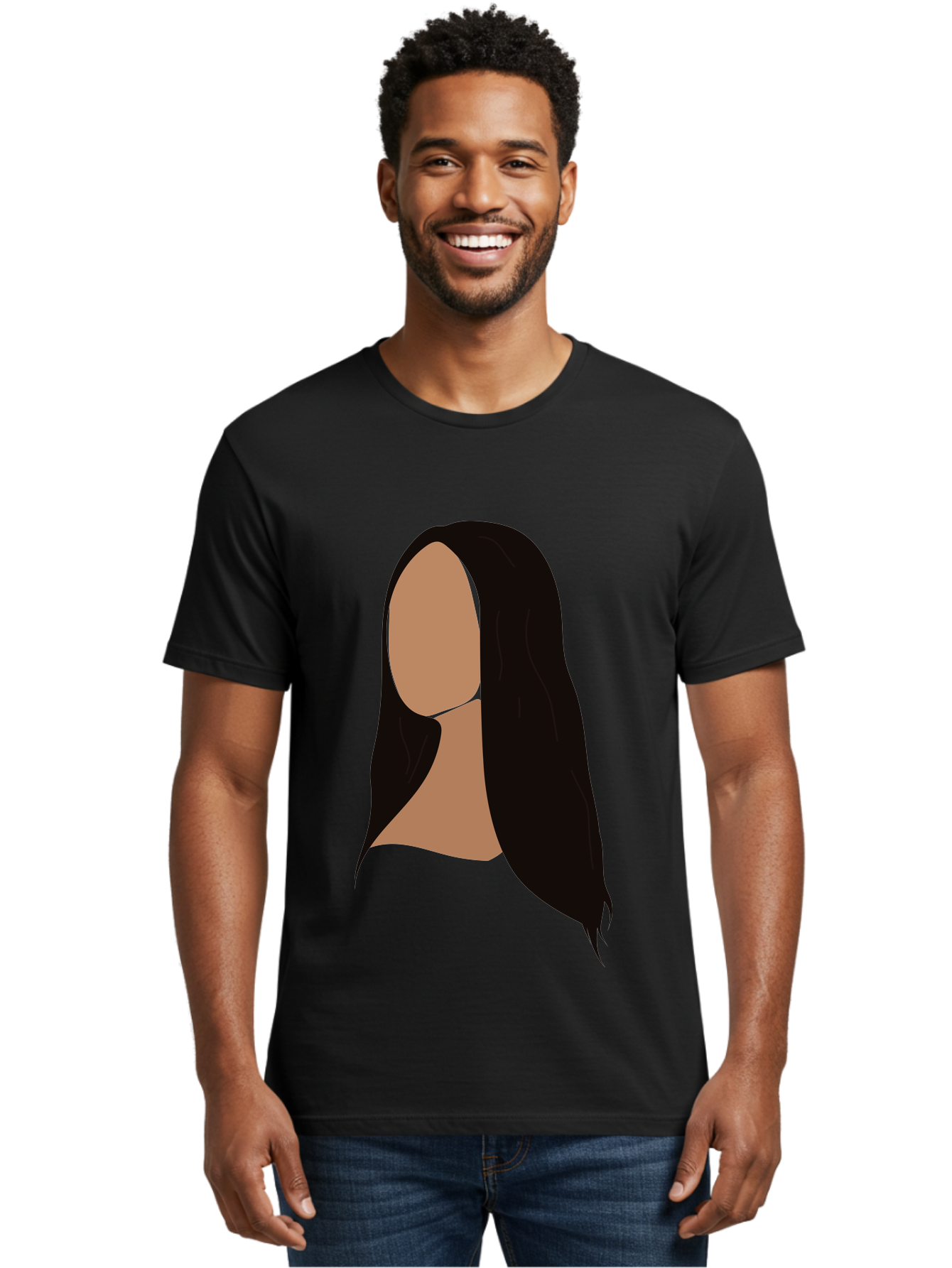 Long-Black-Hair Men'S Graphic Tee, 100% Cotton, Comfortable Casual Summer Wear, Machine Washable, Long Black Hair, Brunette, Female Silhouette, Faceless Portrait, Minimalist Art, Digital Illustration, Sleek Hairstyle, Straight Hair, Aae030