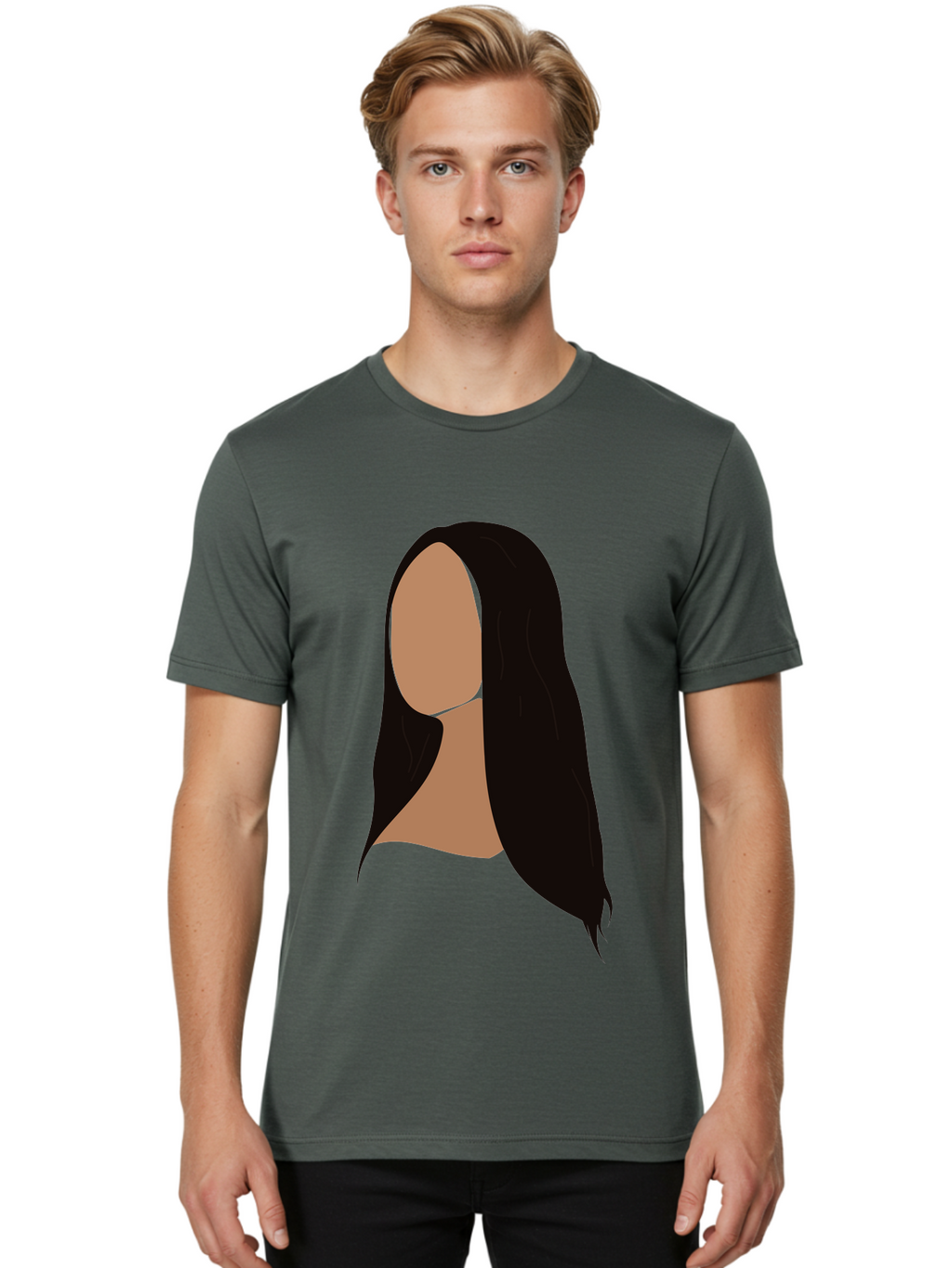 Long-Black-Hair Men'S Graphic Tee, 100% Cotton, Comfortable Casual Summer Wear, Machine Washable, Long Black Hair, Brunette, Female Silhouette, Faceless Portrait, Minimalist Art, Digital Illustration, Sleek Hairstyle, Straight Hair, Aae030