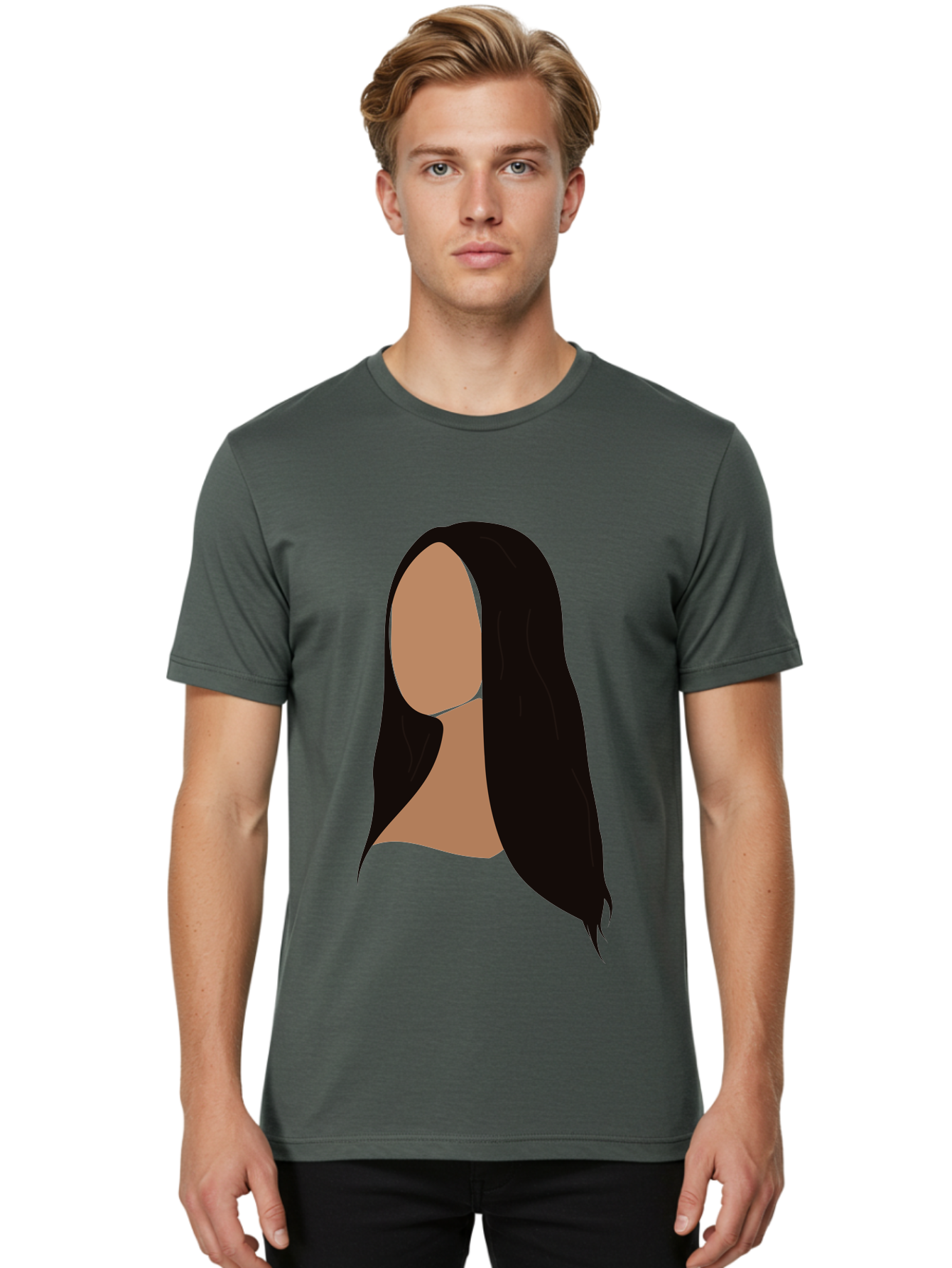 Long-Black-Hair Men'S Graphic Tee, 100% Cotton, Comfortable Casual Summer Wear, Machine Washable, Long Black Hair, Brunette, Female Silhouette, Faceless Portrait, Minimalist Art, Digital Illustration, Sleek Hairstyle, Straight Hair, Aae030