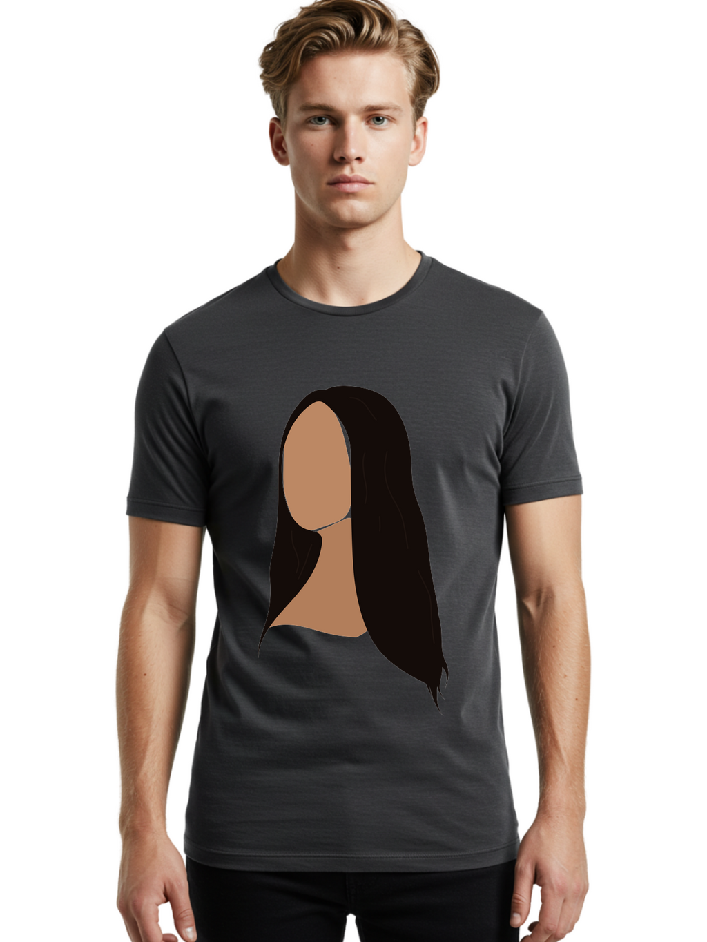 Long-Black-Hair Men'S Graphic Tee, 100% Cotton, Comfortable Casual Summer Wear, Machine Washable, Long Black Hair, Brunette, Female Silhouette, Faceless Portrait, Minimalist Art, Digital Illustration, Sleek Hairstyle, Straight Hair, Aae030