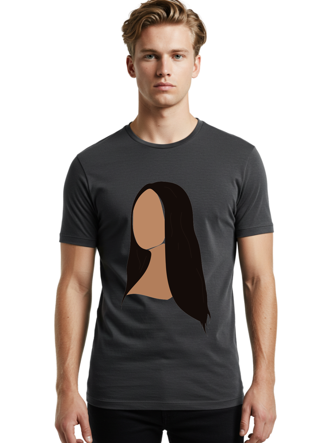 Long-Black-Hair Men'S Graphic Tee, 100% Cotton, Comfortable Casual Summer Wear, Machine Washable, Long Black Hair, Brunette, Female Silhouette, Faceless Portrait, Minimalist Art, Digital Illustration, Sleek Hairstyle, Straight Hair, Aae030