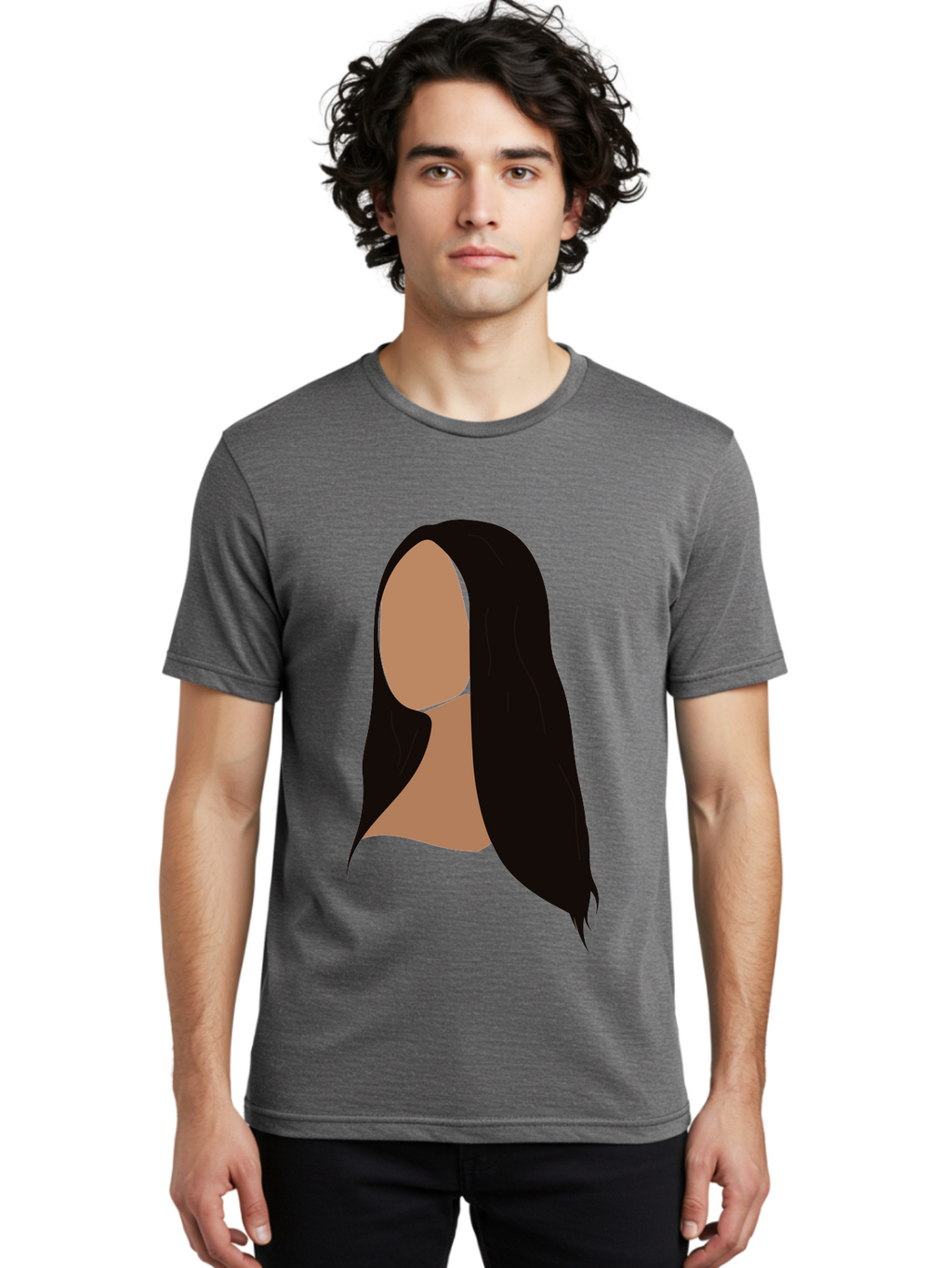 Long-Black-Hair Men'S Graphic Tee, 100% Cotton, Comfortable Casual Summer Wear, Machine Washable, Long Black Hair, Brunette, Female Silhouette, Faceless Portrait, Minimalist Art, Digital Illustration, Sleek Hairstyle, Straight Hair, Aae030