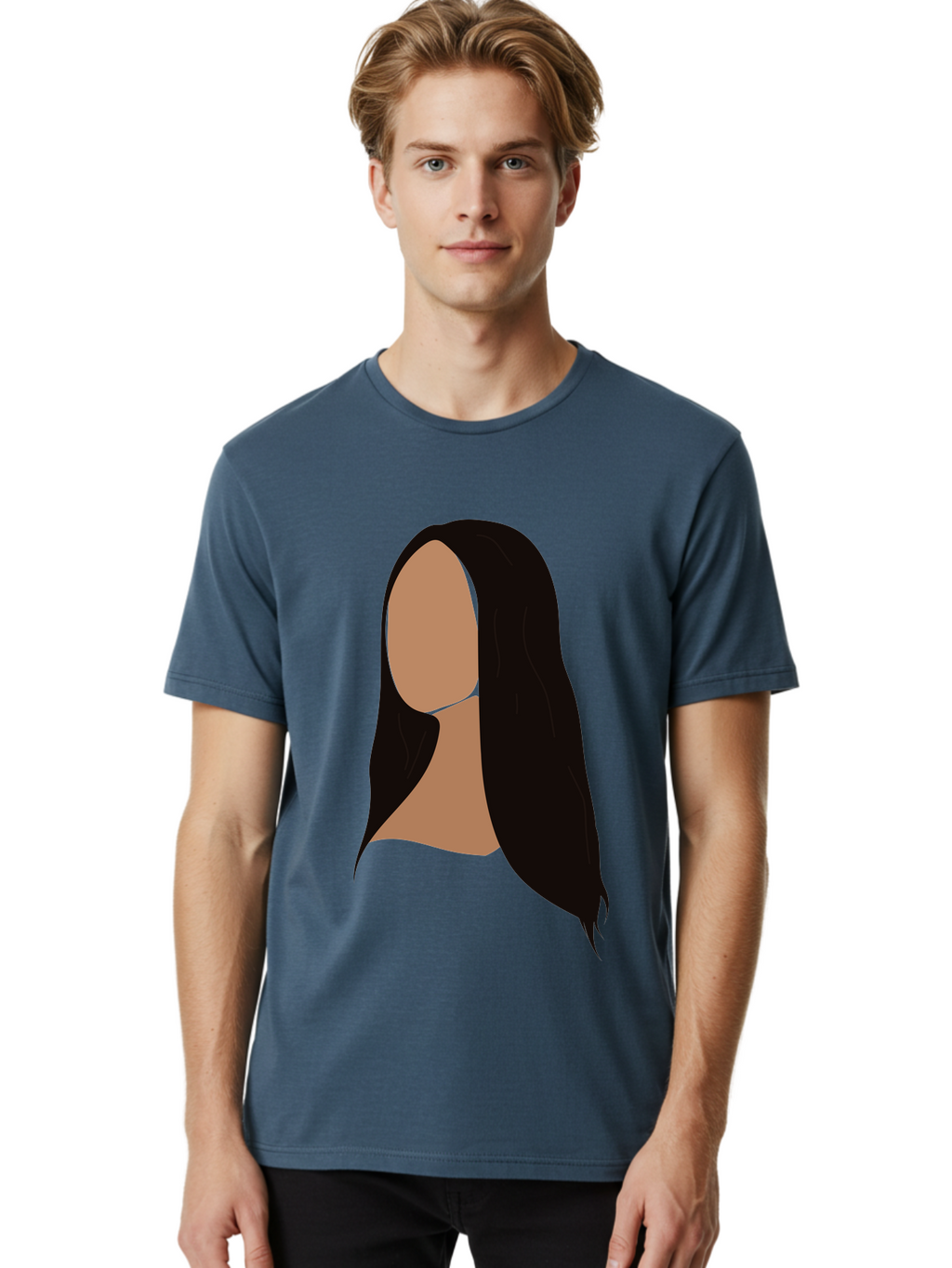 Long-Black-Hair Men'S Graphic Tee, 100% Cotton, Comfortable Casual Summer Wear, Machine Washable, Long Black Hair, Brunette, Female Silhouette, Faceless Portrait, Minimalist Art, Digital Illustration, Sleek Hairstyle, Straight Hair, Aae030