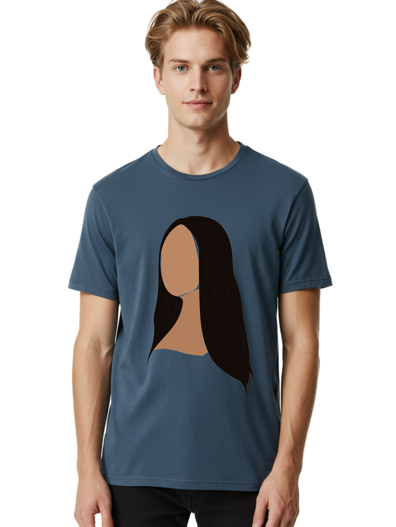 Long-Black-Hair Men'S Graphic Tee, 100% Cotton, Comfortable Casual Summer Wear, Machine Washable, Long Black Hair, Brunette, Female Silhouette, Faceless Portrait, Minimalist Art, Digital Illustration, Sleek Hairstyle, Straight Hair, Aae030