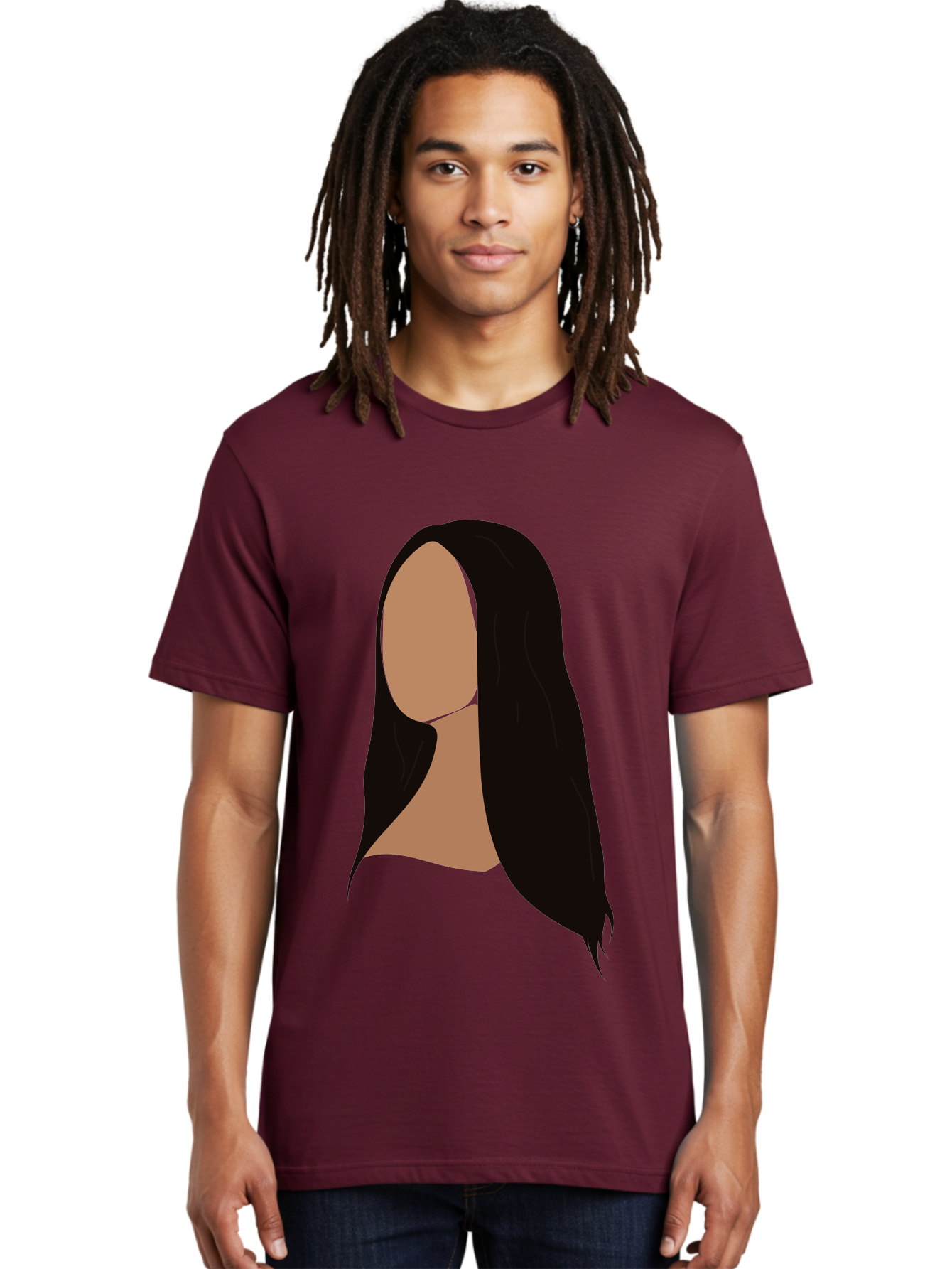 Long-Black-Hair Men'S Graphic Tee, 100% Cotton, Comfortable Casual Summer Wear, Machine Washable, Long Black Hair, Brunette, Female Silhouette, Faceless Portrait, Minimalist Art, Digital Illustration, Sleek Hairstyle, Straight Hair, Aae030