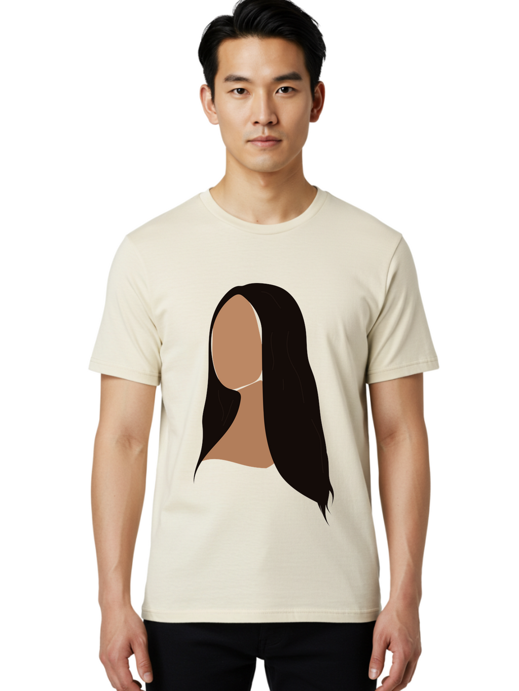 Long-Black-Hair Men'S Graphic Tee, 100% Cotton, Comfortable Casual Summer Wear, Machine Washable, Long Black Hair, Brunette, Female Silhouette, Faceless Portrait, Minimalist Art, Digital Illustration, Sleek Hairstyle, Straight Hair, Aae030