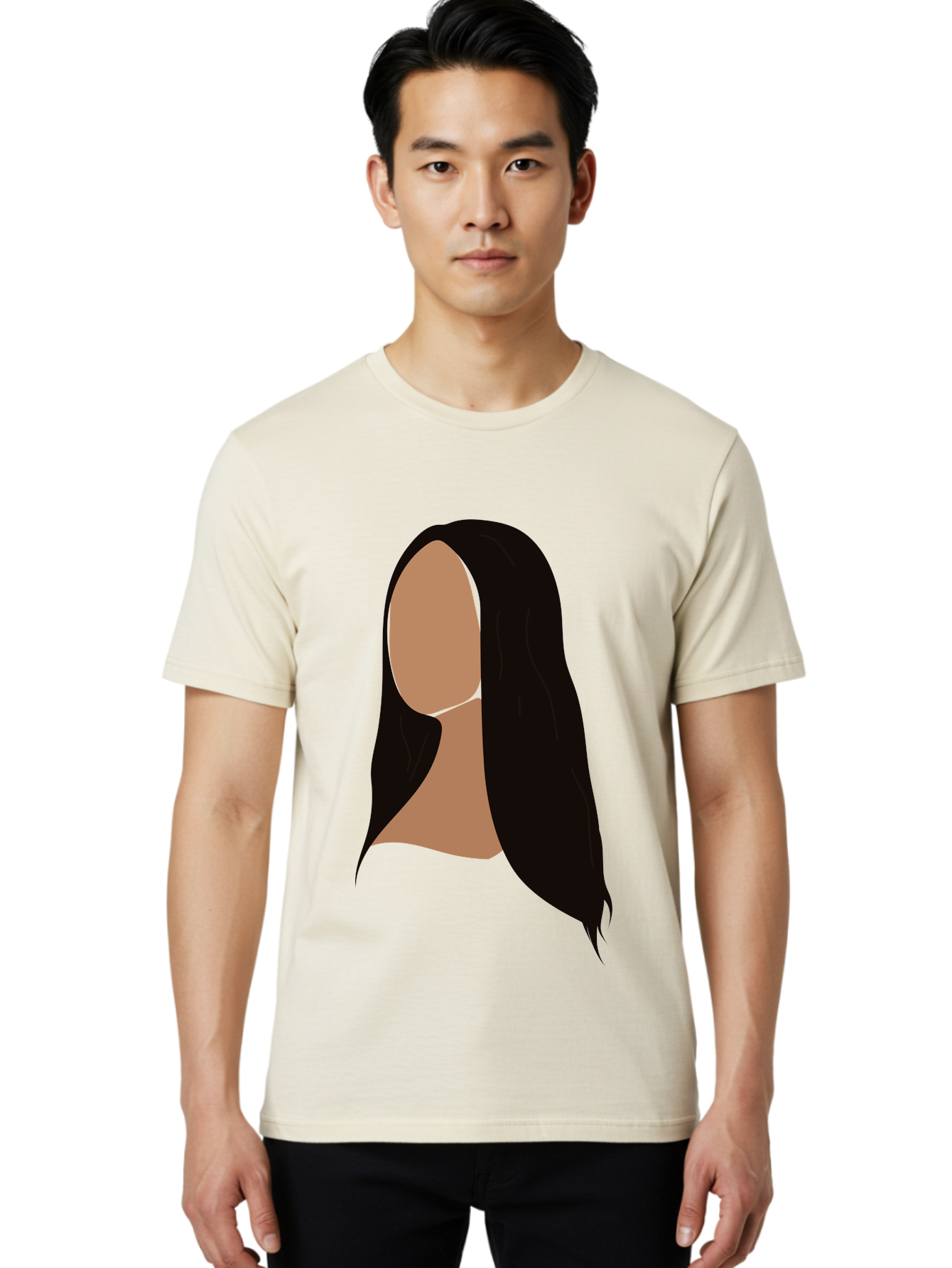 Long-Black-Hair Men'S Graphic Tee, 100% Cotton, Comfortable Casual Summer Wear, Machine Washable, Long Black Hair, Brunette, Female Silhouette, Faceless Portrait, Minimalist Art, Digital Illustration, Sleek Hairstyle, Straight Hair, Aae030