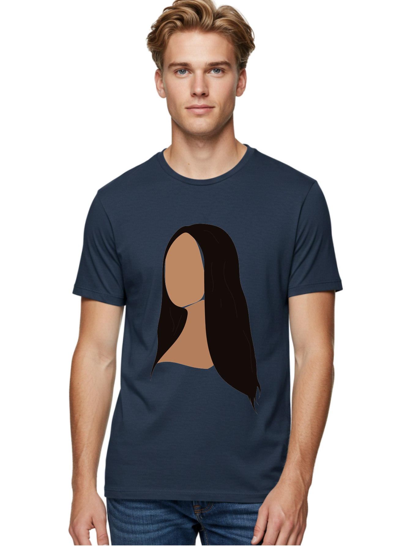 Long-Black-Hair Men'S Graphic Tee, 100% Cotton, Comfortable Casual Summer Wear, Machine Washable, Long Black Hair, Brunette, Female Silhouette, Faceless Portrait, Minimalist Art, Digital Illustration, Sleek Hairstyle, Straight Hair, Aae030