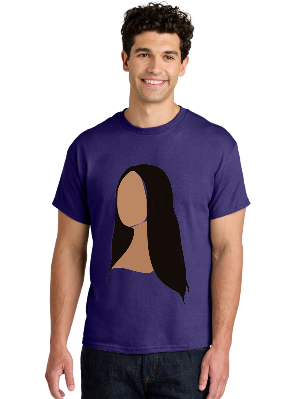 Long-Black-Hair Men'S Graphic Tee, 100% Cotton, Comfortable Casual Summer Wear, Machine Washable, Long Black Hair, Brunette, Female Silhouette, Faceless Portrait, Minimalist Art, Digital Illustration, Sleek Hairstyle, Straight Hair, Aae030