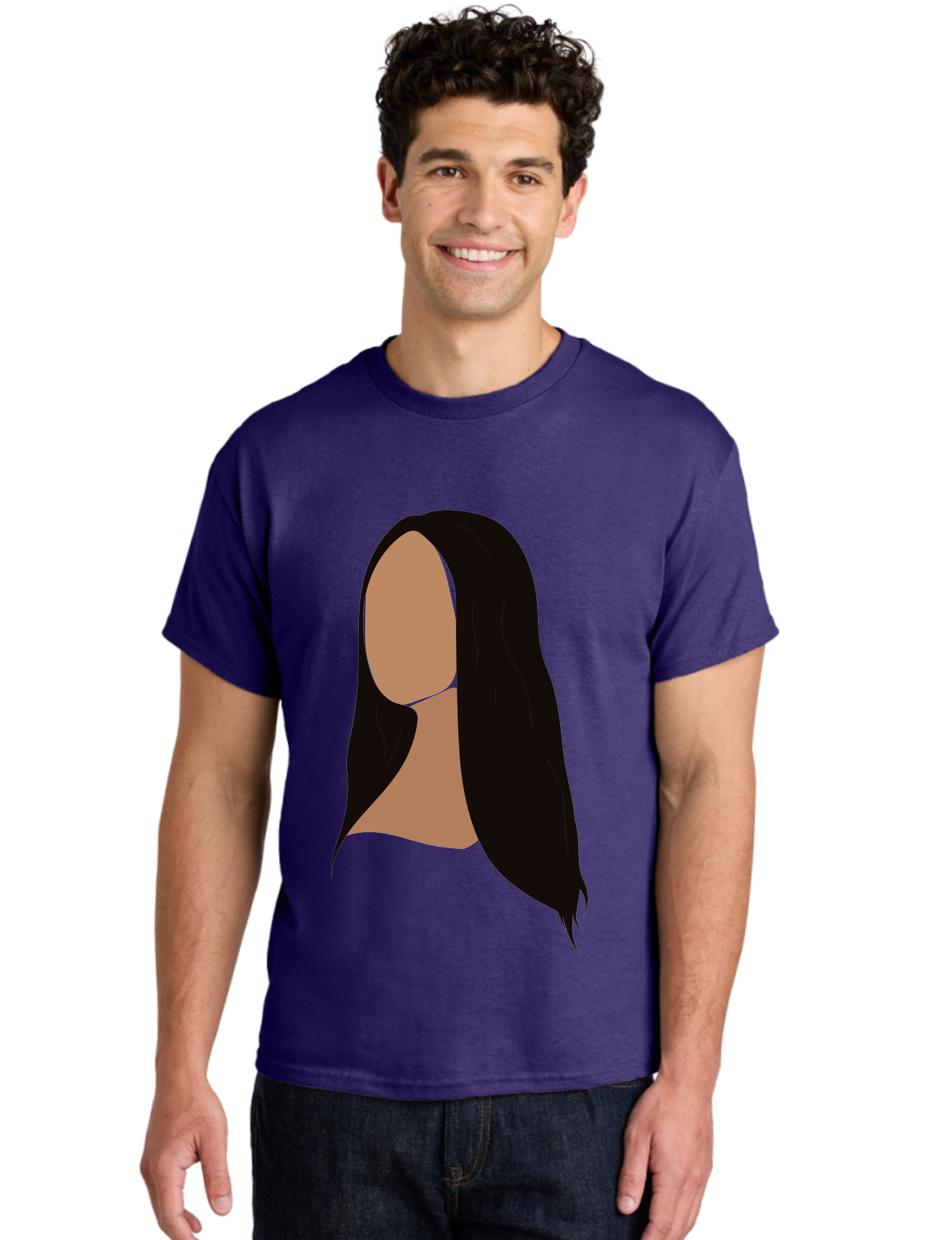 Long-Black-Hair Men'S Graphic Tee, 100% Cotton, Comfortable Casual Summer Wear, Machine Washable, Long Black Hair, Brunette, Female Silhouette, Faceless Portrait, Minimalist Art, Digital Illustration, Sleek Hairstyle, Straight Hair, Aae030