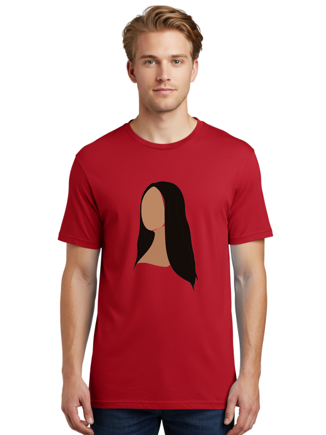 Long-Black-Hair Men'S Graphic Tee, 100% Cotton, Comfortable Casual Summer Wear, Machine Washable, Long Black Hair, Brunette, Female Silhouette, Faceless Portrait, Minimalist Art, Digital Illustration, Sleek Hairstyle, Straight Hair, Aae030
