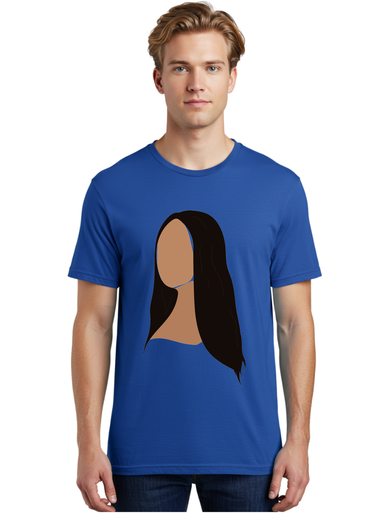 Long-Black-Hair Men'S Graphic Tee, 100% Cotton, Comfortable Casual Summer Wear, Machine Washable, Long Black Hair, Brunette, Female Silhouette, Faceless Portrait, Minimalist Art, Digital Illustration, Sleek Hairstyle, Straight Hair, Aae030