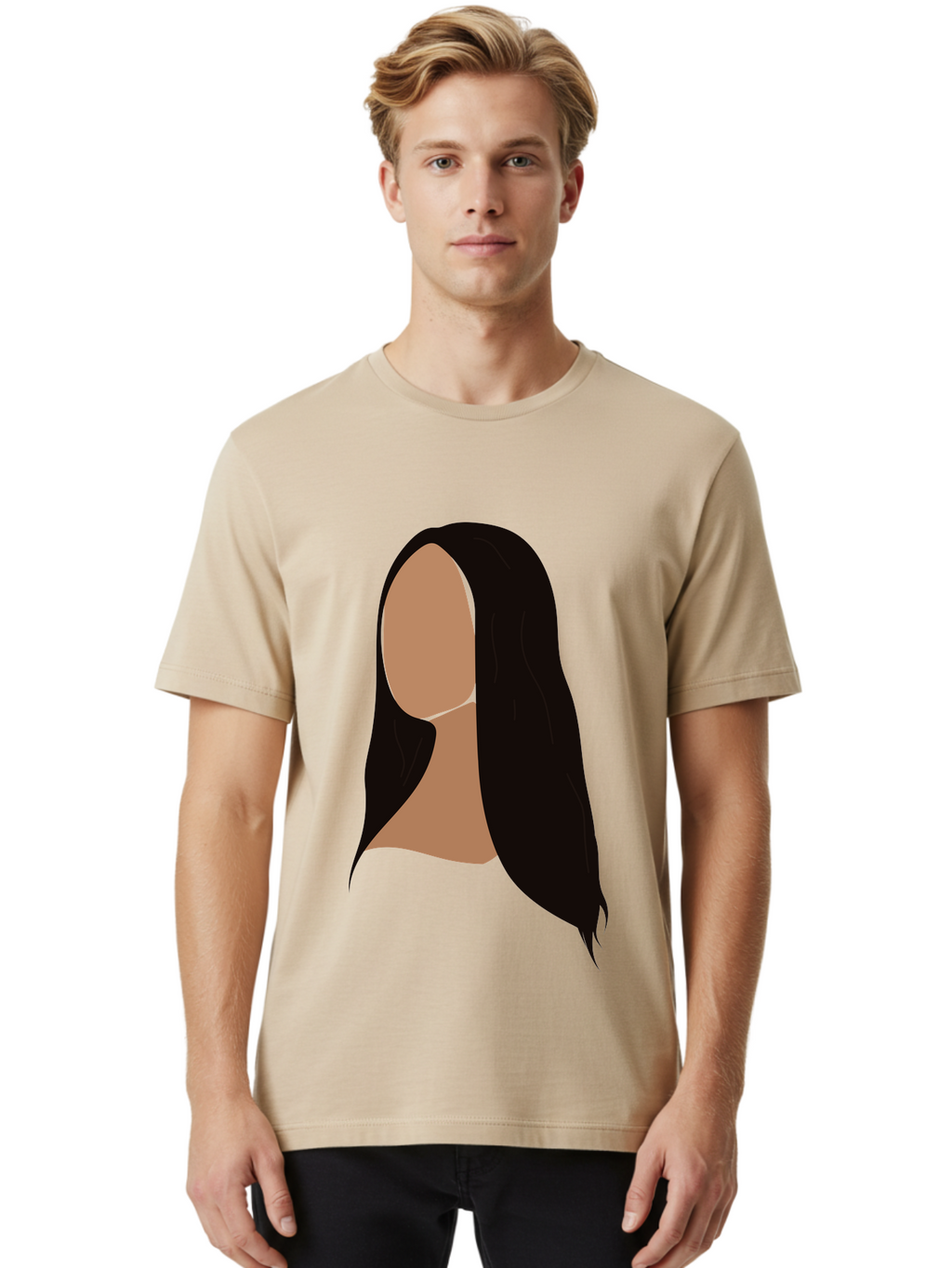 Long-Black-Hair Men'S Graphic Tee, 100% Cotton, Comfortable Casual Summer Wear, Machine Washable, Long Black Hair, Brunette, Female Silhouette, Faceless Portrait, Minimalist Art, Digital Illustration, Sleek Hairstyle, Straight Hair, Aae030