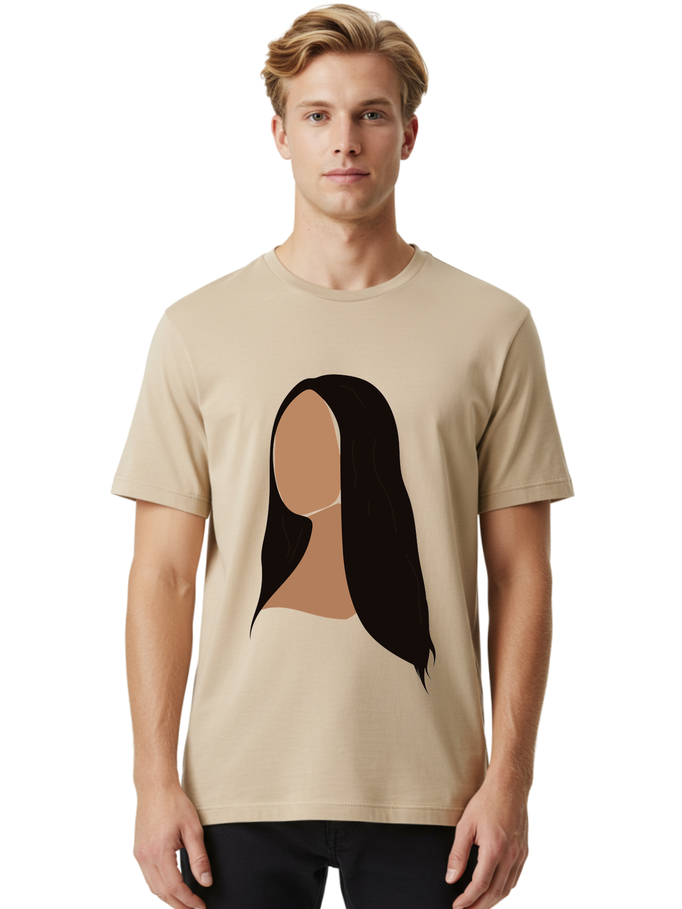 Long-Black-Hair Men'S Graphic Tee, 100% Cotton, Comfortable Casual Summer Wear, Machine Washable, Long Black Hair, Brunette, Female Silhouette, Faceless Portrait, Minimalist Art, Digital Illustration, Sleek Hairstyle, Straight Hair, Aae030