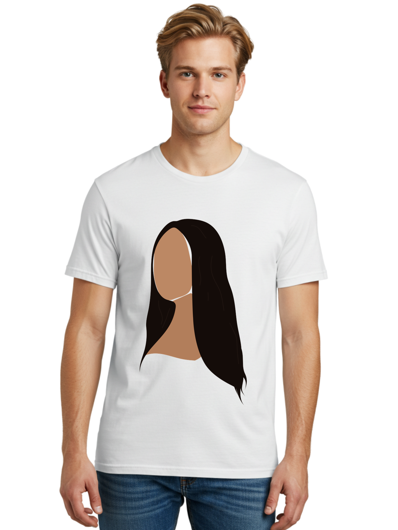 Long-Black-Hair Men'S Graphic Tee, 100% Cotton, Comfortable Casual Summer Wear, Machine Washable, Long Black Hair, Brunette, Female Silhouette, Faceless Portrait, Minimalist Art, Digital Illustration, Sleek Hairstyle, Straight Hair, Aae030