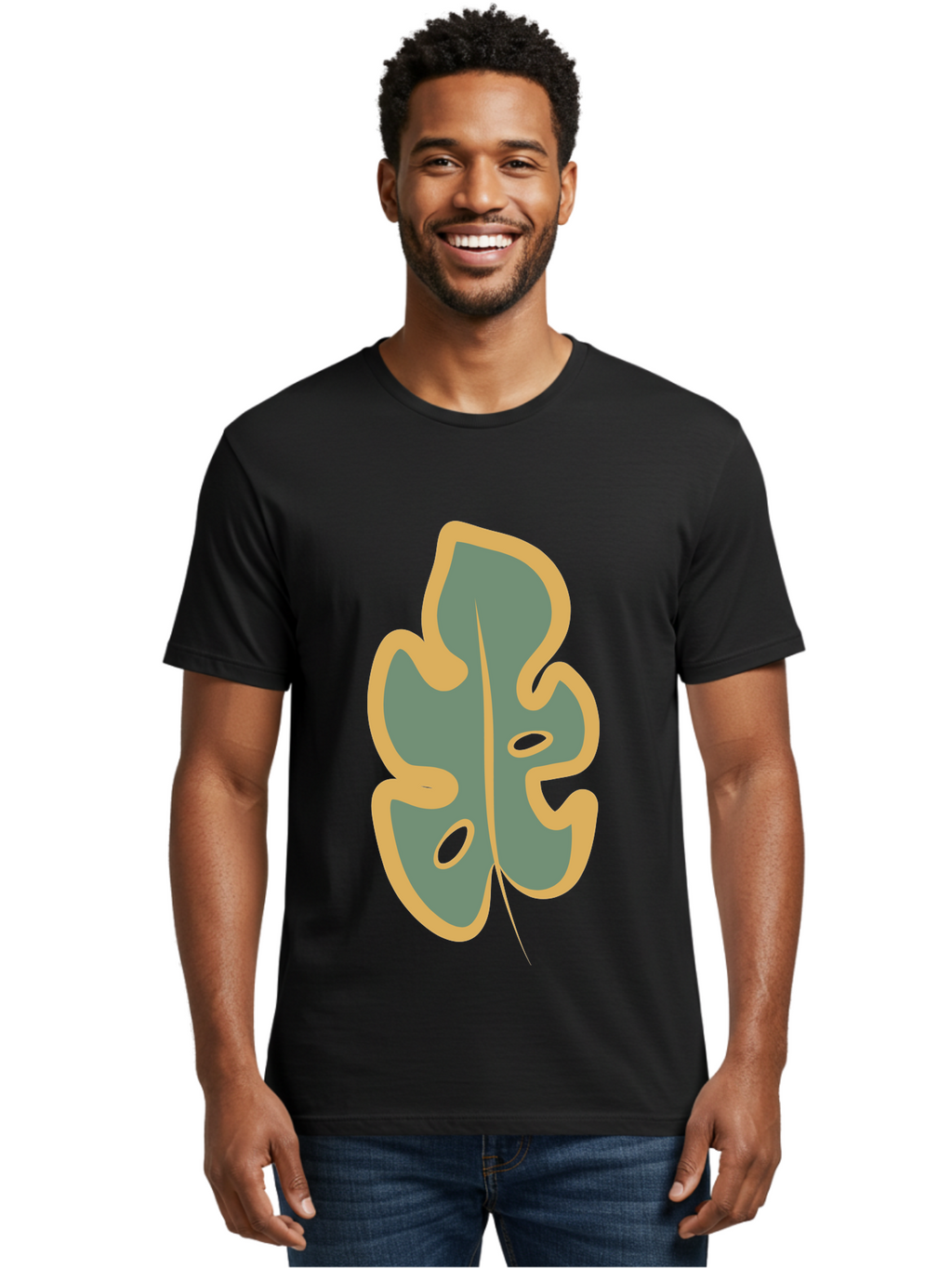 Monstera-Leaf Men'S Graphic Tee, 100% Cotton, Comfortable Casual Summer Wear, Machine Washable, Simple Leaf Illustration, Minimalist Art, Gray And Yellow Colors, Natural Shapes, Organic Design, Botanical Elements, Leaf Pattern Aae031