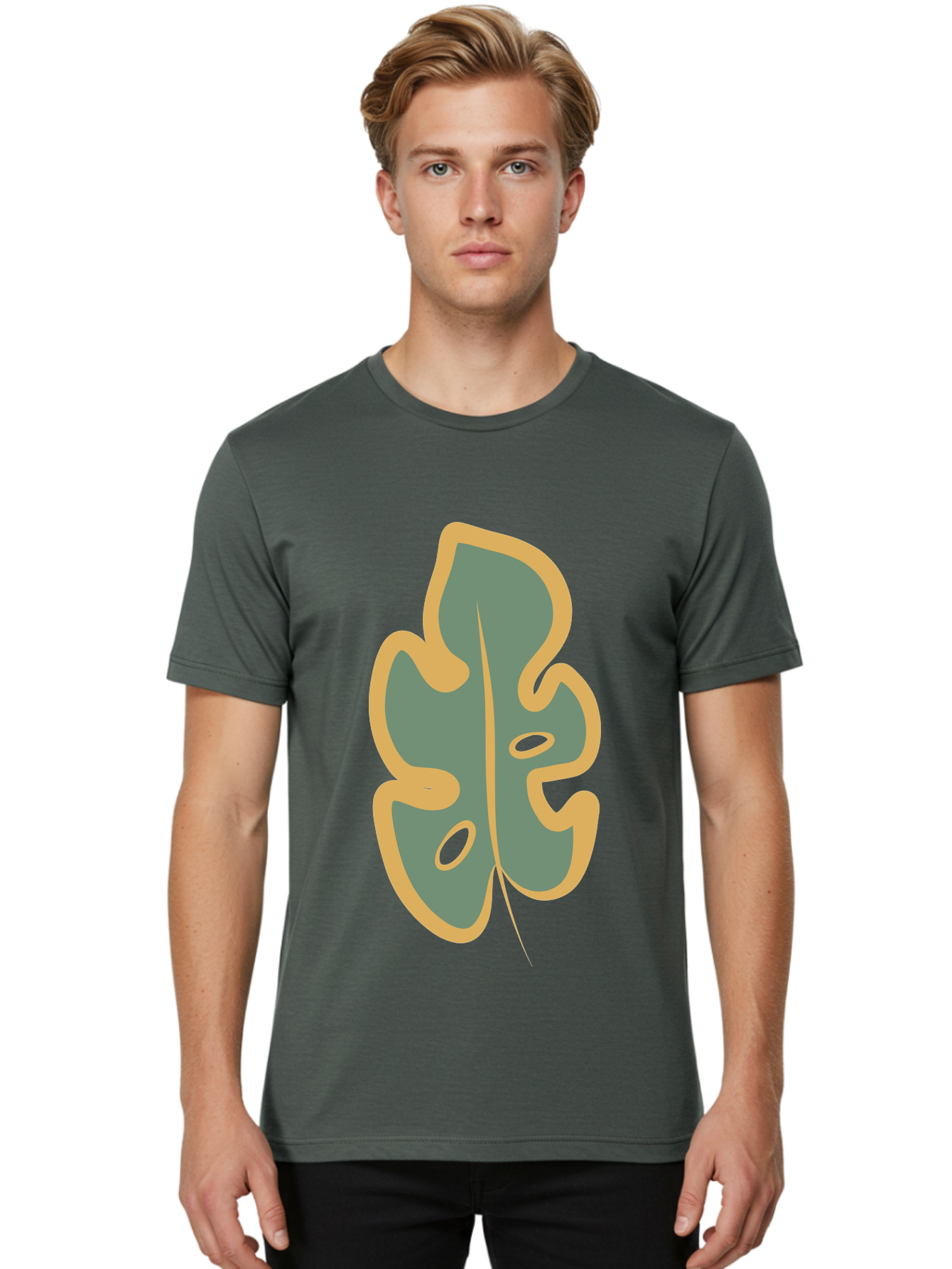 Monstera-Leaf Men'S Graphic Tee, 100% Cotton, Comfortable Casual Summer Wear, Machine Washable, Simple Leaf Illustration, Minimalist Art, Gray And Yellow Colors, Natural Shapes, Organic Design, Botanical Elements, Leaf Pattern Aae031