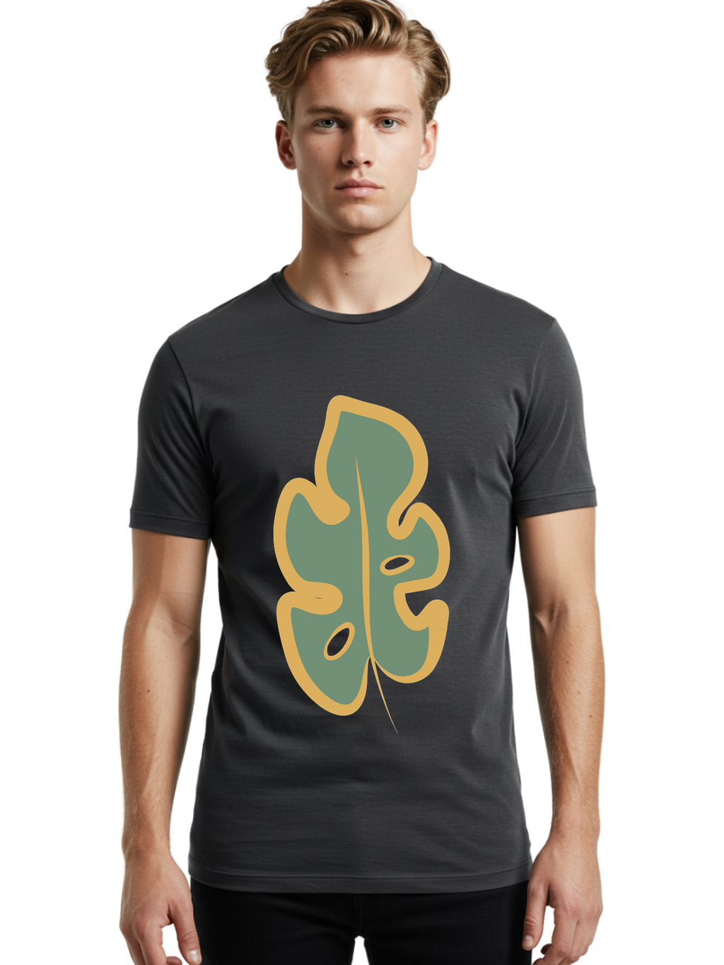 Monstera-Leaf Men'S Graphic Tee, 100% Cotton, Comfortable Casual Summer Wear, Machine Washable, Simple Leaf Illustration, Minimalist Art, Gray And Yellow Colors, Natural Shapes, Organic Design, Botanical Elements, Leaf Pattern Aae031