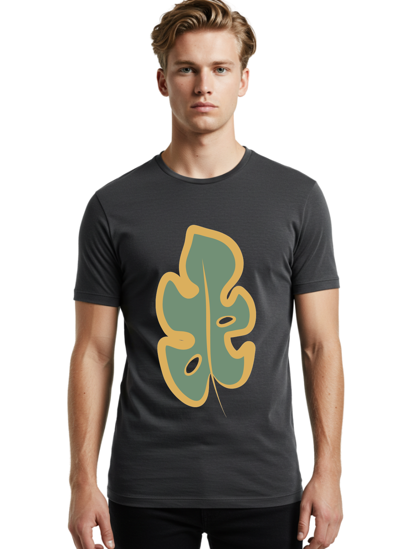 Monstera-Leaf Men'S Graphic Tee, 100% Cotton, Comfortable Casual Summer Wear, Machine Washable, Simple Leaf Illustration, Minimalist Art, Gray And Yellow Colors, Natural Shapes, Organic Design, Botanical Elements, Leaf Pattern Aae031