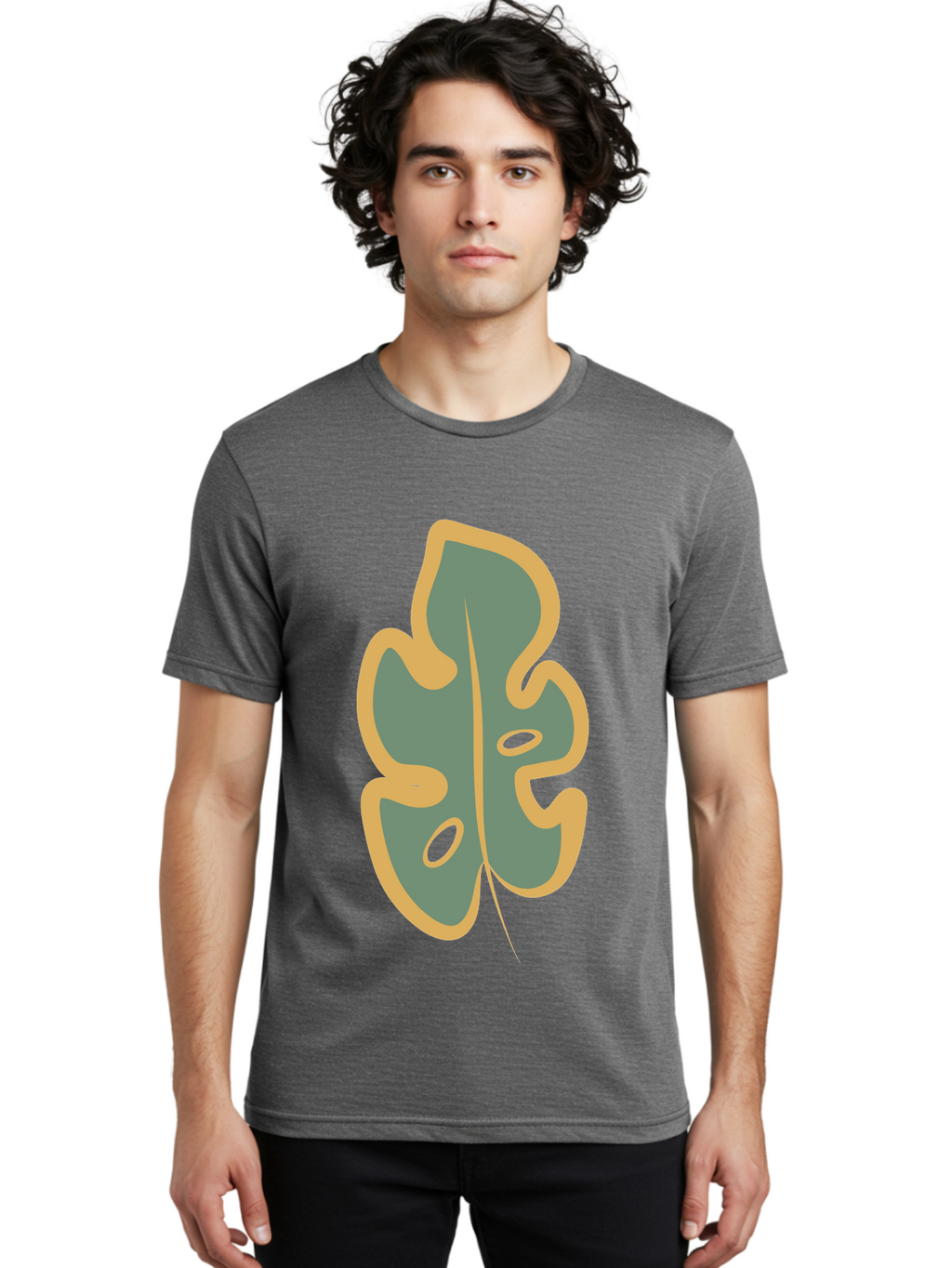 Monstera-Leaf Men'S Graphic Tee, 100% Cotton, Comfortable Casual Summer Wear, Machine Washable, Simple Leaf Illustration, Minimalist Art, Gray And Yellow Colors, Natural Shapes, Organic Design, Botanical Elements, Leaf Pattern Aae031