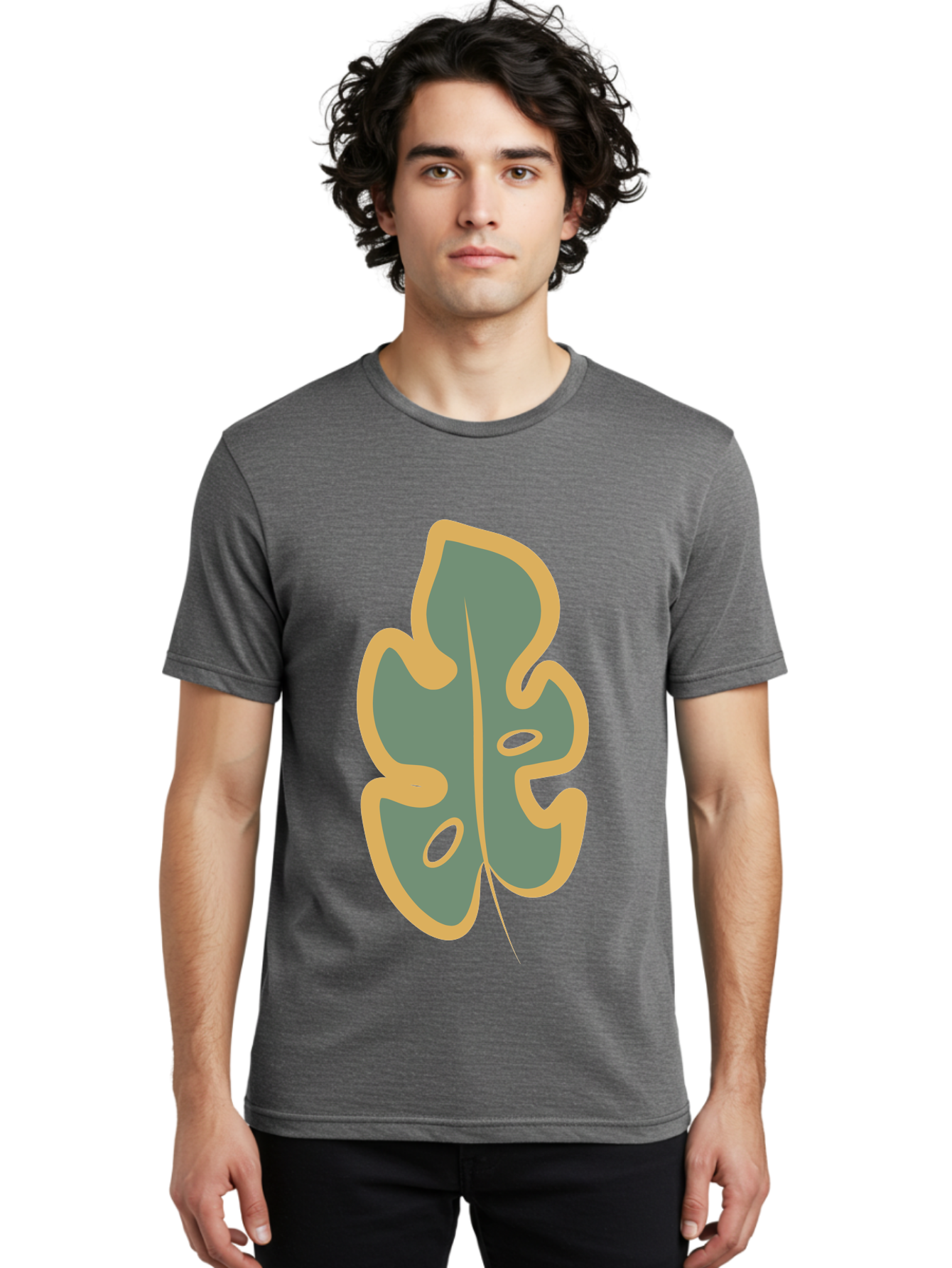 Monstera-Leaf Men'S Graphic Tee, 100% Cotton, Comfortable Casual Summer Wear, Machine Washable, Simple Leaf Illustration, Minimalist Art, Gray And Yellow Colors, Natural Shapes, Organic Design, Botanical Elements, Leaf Pattern Aae031