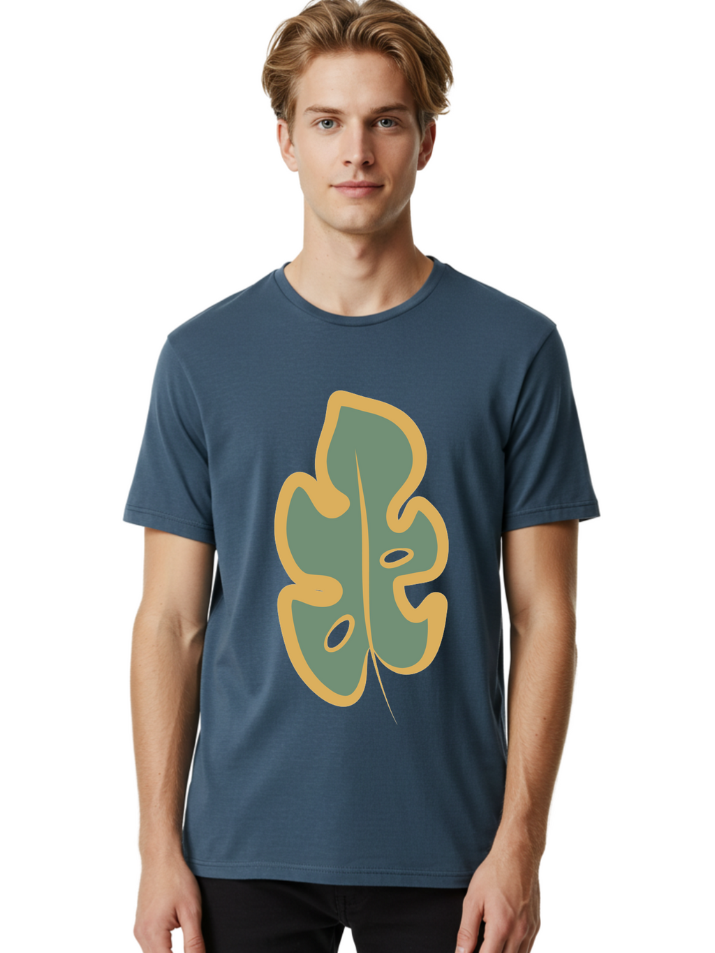 Monstera-Leaf Men'S Graphic Tee, 100% Cotton, Comfortable Casual Summer Wear, Machine Washable, Simple Leaf Illustration, Minimalist Art, Gray And Yellow Colors, Natural Shapes, Organic Design, Botanical Elements, Leaf Pattern Aae031