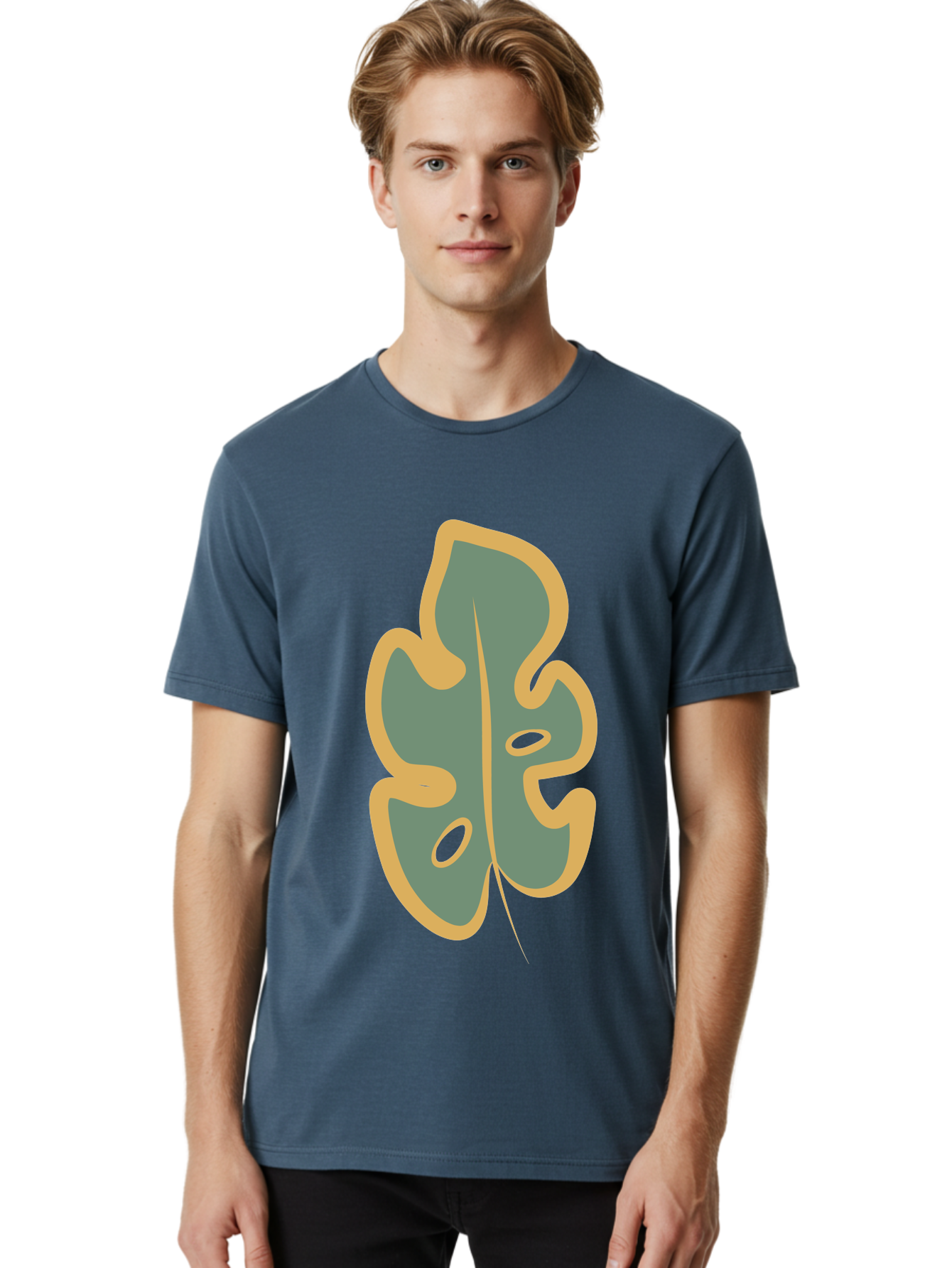 Monstera-Leaf Men'S Graphic Tee, 100% Cotton, Comfortable Casual Summer Wear, Machine Washable, Simple Leaf Illustration, Minimalist Art, Gray And Yellow Colors, Natural Shapes, Organic Design, Botanical Elements, Leaf Pattern Aae031