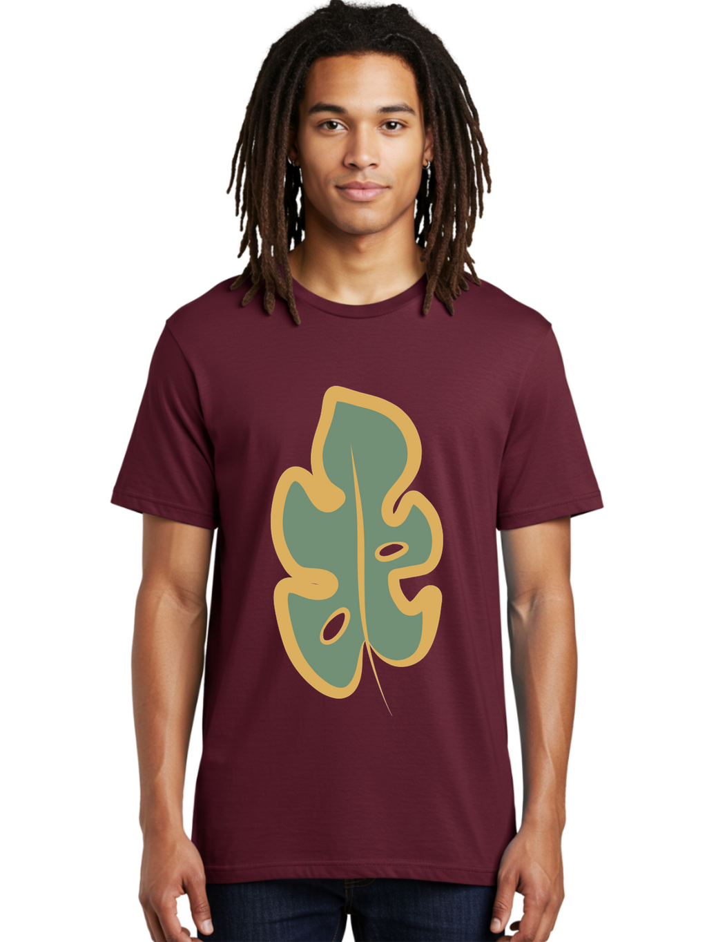 Monstera-Leaf Men'S Graphic Tee, 100% Cotton, Comfortable Casual Summer Wear, Machine Washable, Simple Leaf Illustration, Minimalist Art, Gray And Yellow Colors, Natural Shapes, Organic Design, Botanical Elements, Leaf Pattern Aae031