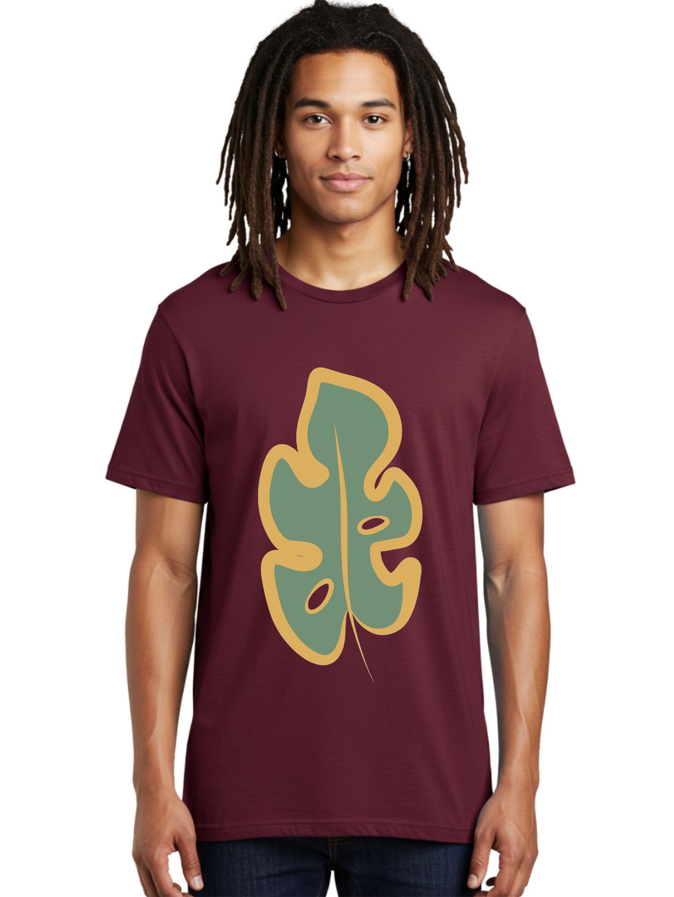 Monstera-Leaf Men'S Graphic Tee, 100% Cotton, Comfortable Casual Summer Wear, Machine Washable, Simple Leaf Illustration, Minimalist Art, Gray And Yellow Colors, Natural Shapes, Organic Design, Botanical Elements, Leaf Pattern Aae031
