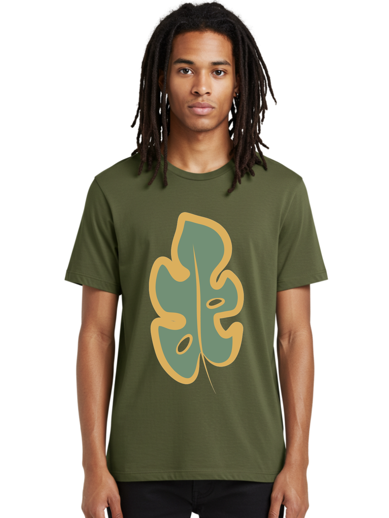 Monstera-Leaf Men'S Graphic Tee, 100% Cotton, Comfortable Casual Summer Wear, Machine Washable, Simple Leaf Illustration, Minimalist Art, Gray And Yellow Colors, Natural Shapes, Organic Design, Botanical Elements, Leaf Pattern Aae031