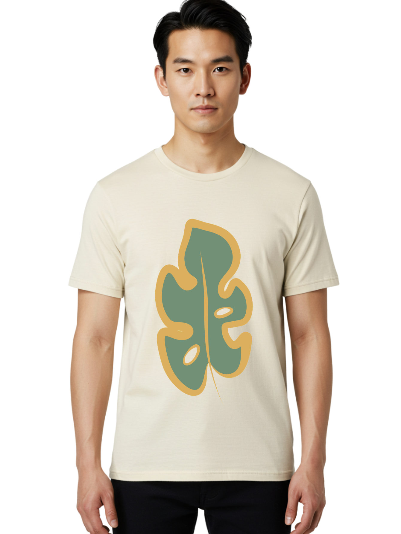 Monstera-Leaf Men'S Graphic Tee, 100% Cotton, Comfortable Casual Summer Wear, Machine Washable, Simple Leaf Illustration, Minimalist Art, Gray And Yellow Colors, Natural Shapes, Organic Design, Botanical Elements, Leaf Pattern Aae031