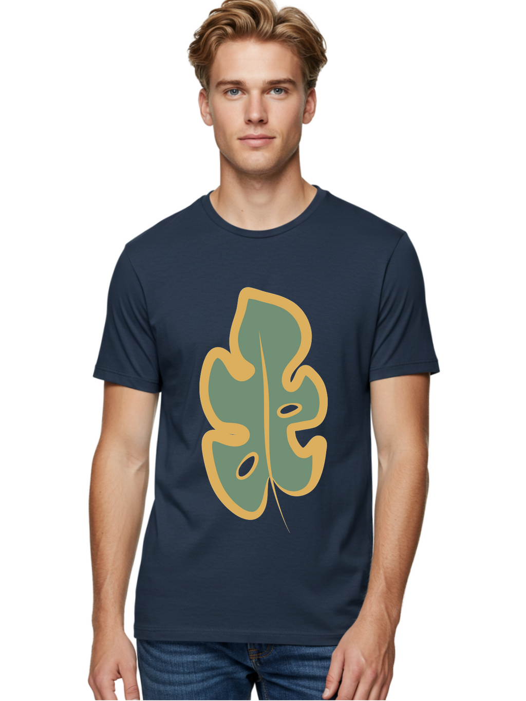 Monstera-Leaf Men'S Graphic Tee, 100% Cotton, Comfortable Casual Summer Wear, Machine Washable, Simple Leaf Illustration, Minimalist Art, Gray And Yellow Colors, Natural Shapes, Organic Design, Botanical Elements, Leaf Pattern Aae031