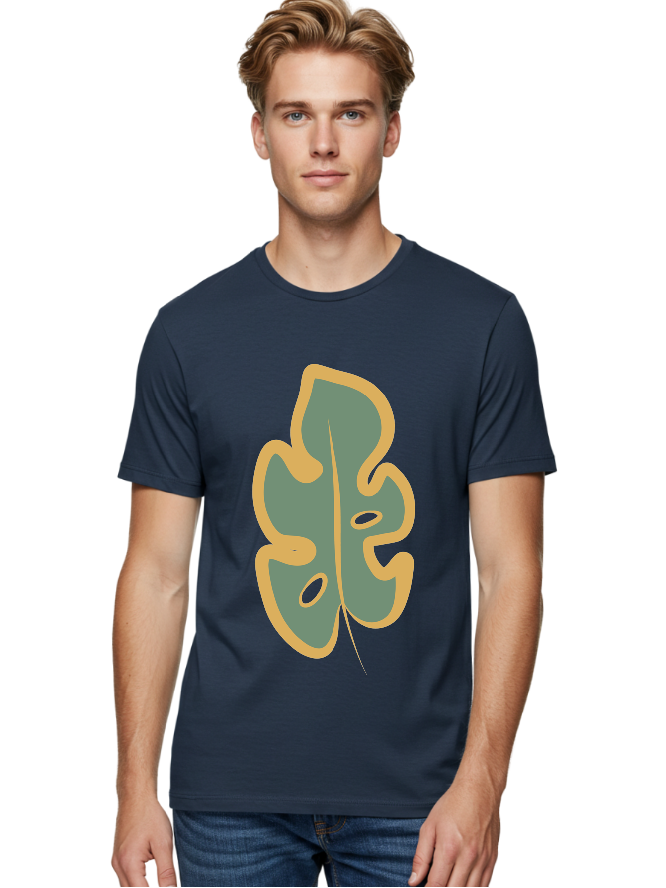 Monstera-Leaf Men'S Graphic Tee, 100% Cotton, Comfortable Casual Summer Wear, Machine Washable, Simple Leaf Illustration, Minimalist Art, Gray And Yellow Colors, Natural Shapes, Organic Design, Botanical Elements, Leaf Pattern Aae031