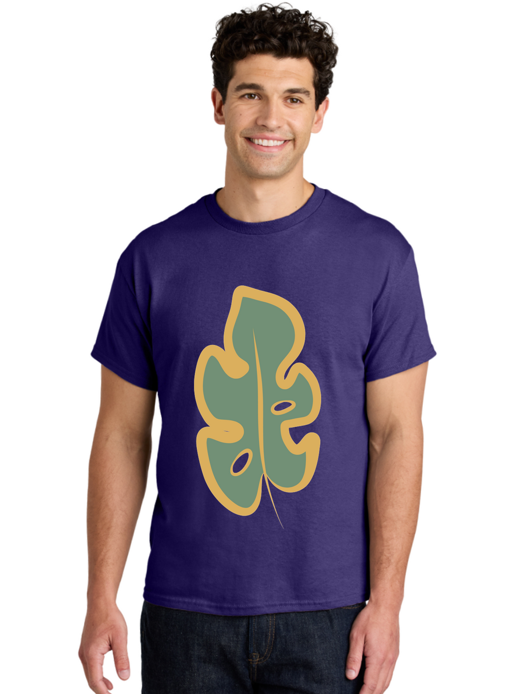 Monstera-Leaf Men'S Graphic Tee, 100% Cotton, Comfortable Casual Summer Wear, Machine Washable, Simple Leaf Illustration, Minimalist Art, Gray And Yellow Colors, Natural Shapes, Organic Design, Botanical Elements, Leaf Pattern Aae031