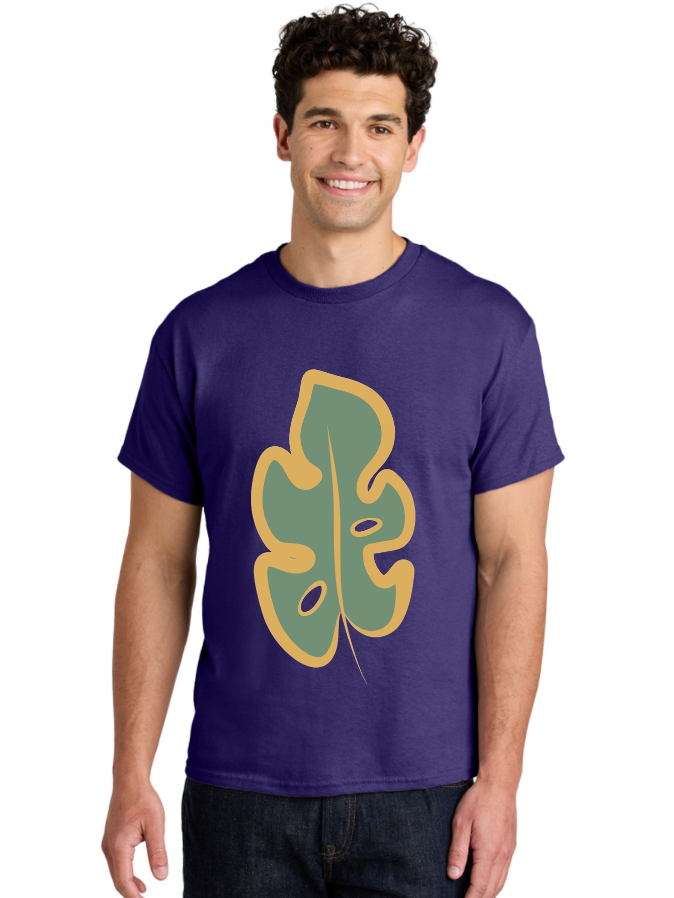 Monstera-Leaf Men'S Graphic Tee, 100% Cotton, Comfortable Casual Summer Wear, Machine Washable, Simple Leaf Illustration, Minimalist Art, Gray And Yellow Colors, Natural Shapes, Organic Design, Botanical Elements, Leaf Pattern Aae031