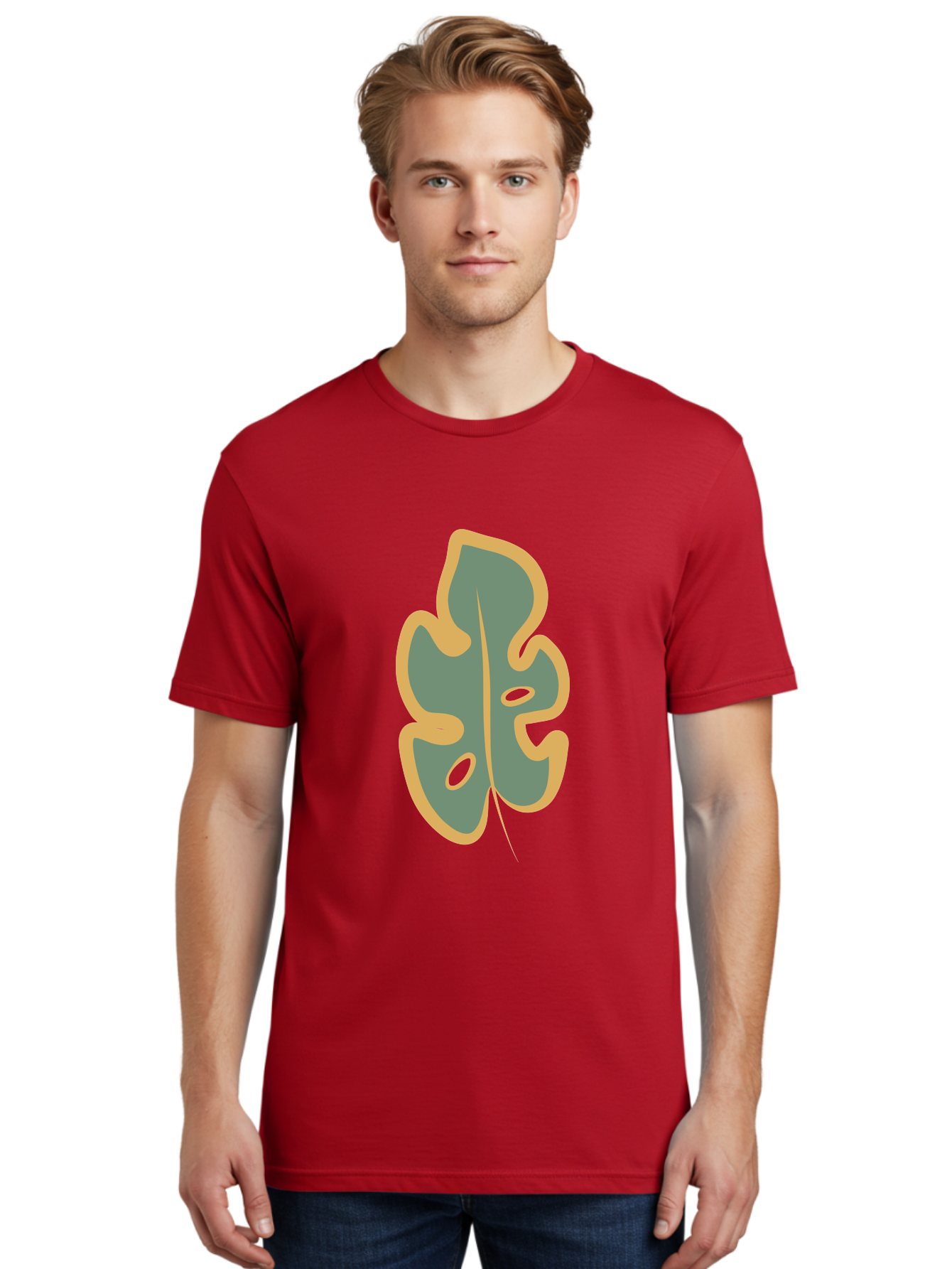 Monstera-Leaf Men'S Graphic Tee, 100% Cotton, Comfortable Casual Summer Wear, Machine Washable, Simple Leaf Illustration, Minimalist Art, Gray And Yellow Colors, Natural Shapes, Organic Design, Botanical Elements, Leaf Pattern Aae031