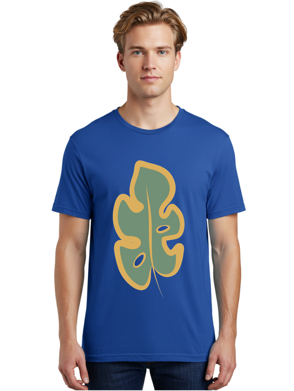 Monstera-Leaf Men'S Graphic Tee, 100% Cotton, Comfortable Casual Summer Wear, Machine Washable, Simple Leaf Illustration, Minimalist Art, Gray And Yellow Colors, Natural Shapes, Organic Design, Botanical Elements, Leaf Pattern Aae031