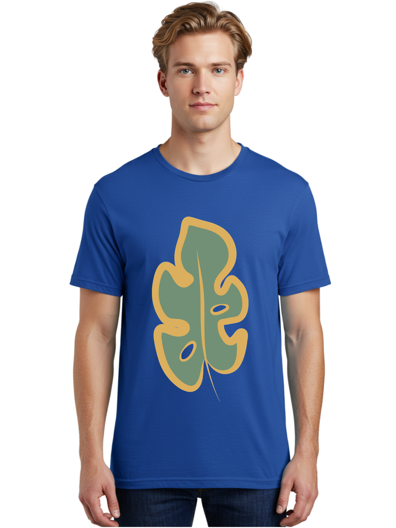 Monstera-Leaf Men'S Graphic Tee, 100% Cotton, Comfortable Casual Summer Wear, Machine Washable, Simple Leaf Illustration, Minimalist Art, Gray And Yellow Colors, Natural Shapes, Organic Design, Botanical Elements, Leaf Pattern Aae031